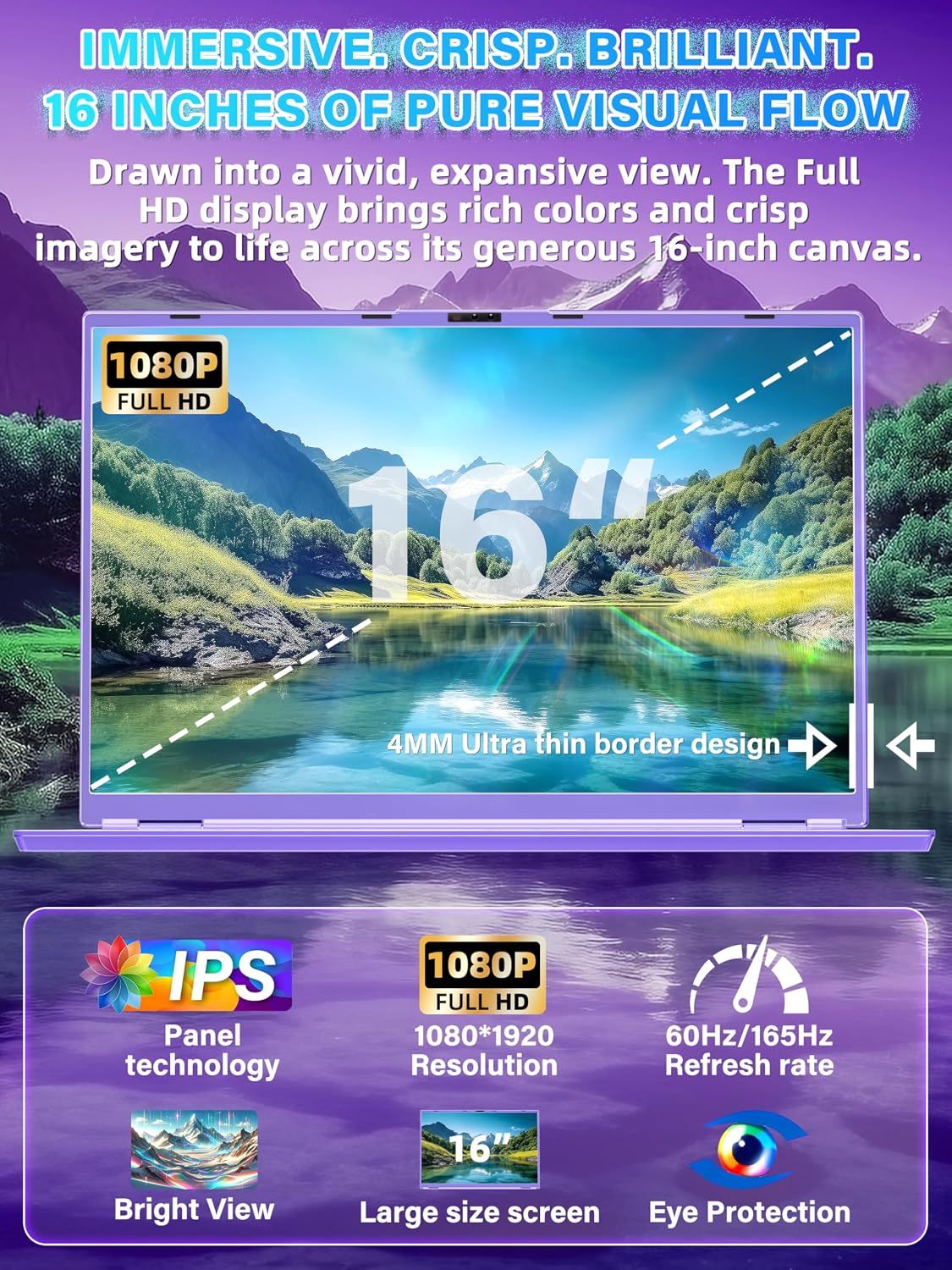 16' Purple Laptop, 1920x1200 FHD IPS Display, Quad-Core N95 Processor (Up to 3.4GHz), 16GB RAM 1TB SSD, Color Backlit KB, Face Recognition & Gesture Touchpad, Win 11 Pro, for Business Student