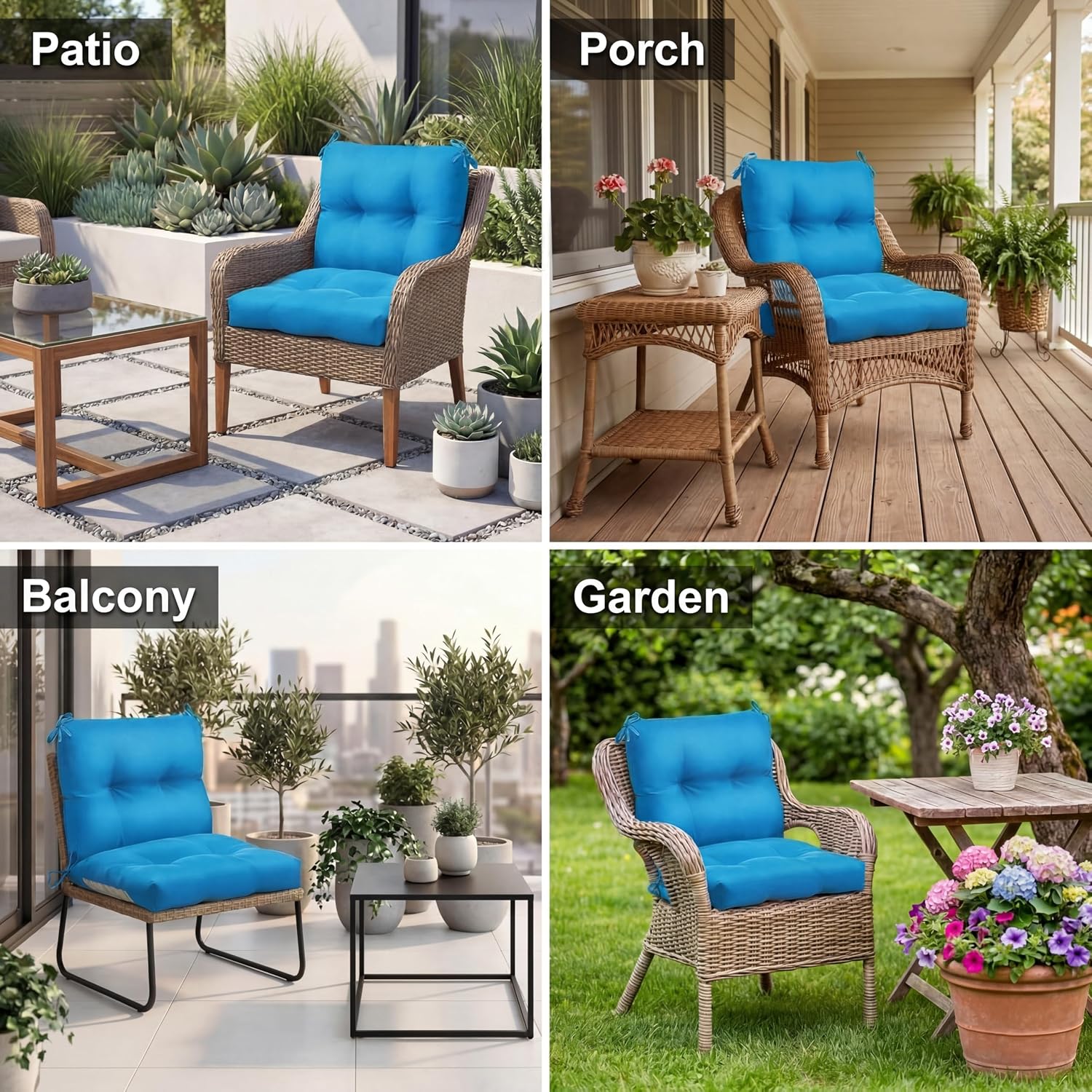 Geetery Outdoor Chair Cushions Set of 4 High Back Patio Furniture Replacement Seat Pads with Ties 42x21x4' for Lawn Porch Wicker Rocking Dining Chairs Weather Resistant Fade Resistant(Blue)