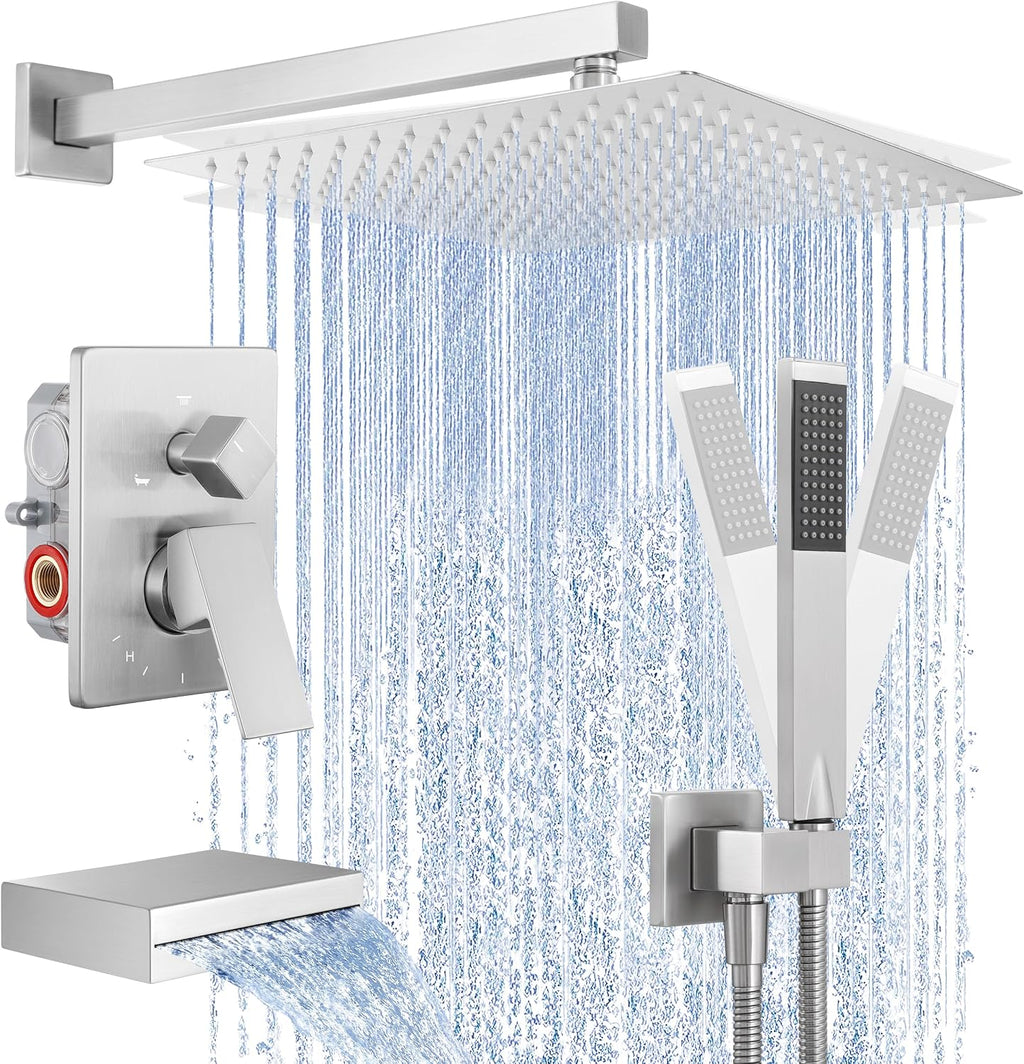 KES Shower Faucet Set 12 Inch Rain Shower Head 3-Function Shower System with Tub Spout Rainfall Shower Head with Handheld Shower, Pressure Balance Valve Brushed Nickel, XB6305F18S12-BN