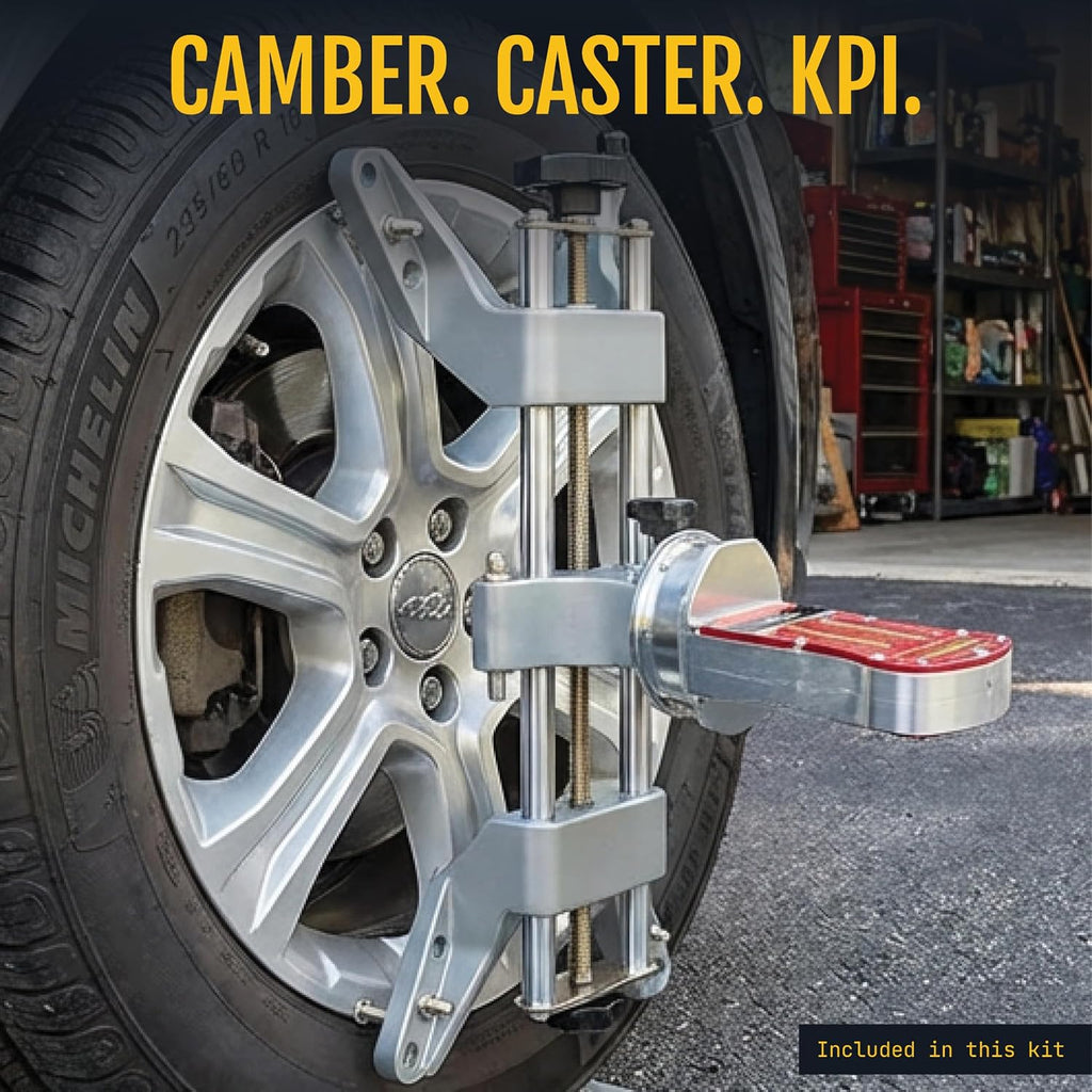 DIY Front End Wheel Alignment Kit - Includes Set of Turn Plates, Camber Caster KPI Guage, and Alignment Wheel Clamp - At Home Car Alignment Tool Kit