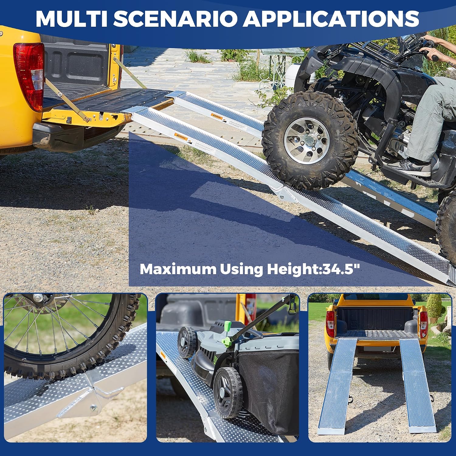 Aluminum Truck Ramps for ATV, UTV, Lawn Mower, Pickup Trucks - 1500LB Capacity 7.5FT Heavy Duty Loading Ramps with Handle & Buckle, Silver, 2PCS
