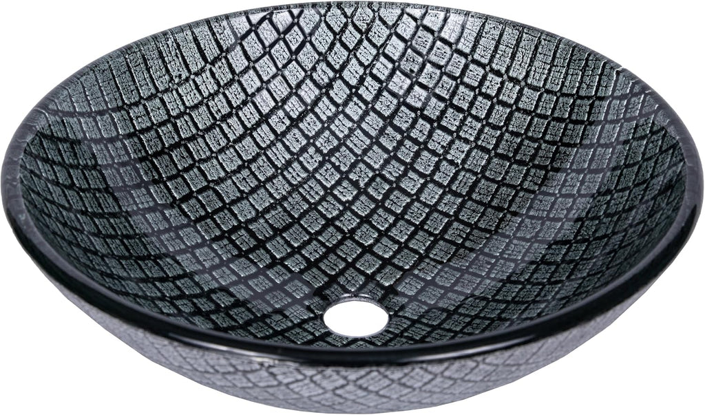 Eden Bath Silver & Black Squares Round Glass Sink Bowl Bathroom Vessel Sink for Vanity Top