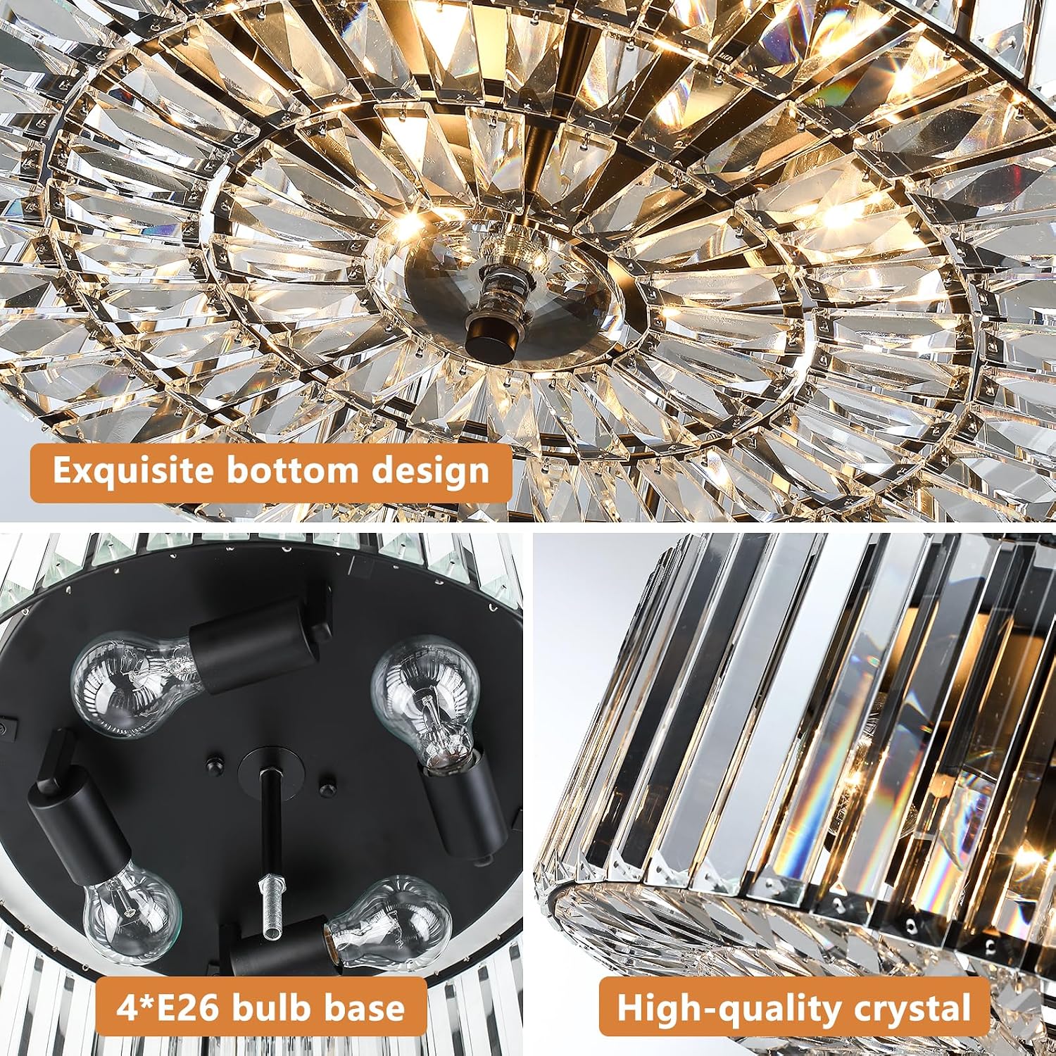 Large Crystal Ceiling Light, 17.5' Black K9 Crystal Flush Mount Ceiling Light, 4-Light Round Luxury Light Fixture for Dining Room, Bedroom, Hotel, Living Room, XDD007-4-BK