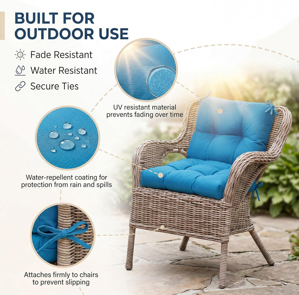 Geetery Outdoor Chair Cushions Set of 4 High Back Patio Furniture Replacement Seat Pads with Ties 42x21x4' for Lawn Porch Wicker Rocking Dining Chairs Weather Resistant Fade Resistant(Blue)