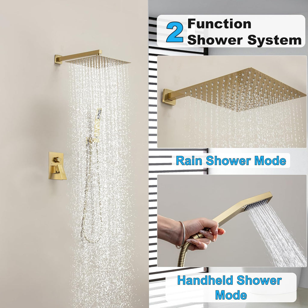 10 Inch Shower Faucet Set, Rainfall Shower System with Square Fixed Shower Head and High Pressure Handheld Shower Head, Spray Wall Mounted Rainfall Shower Fixtures, Brushed Gold