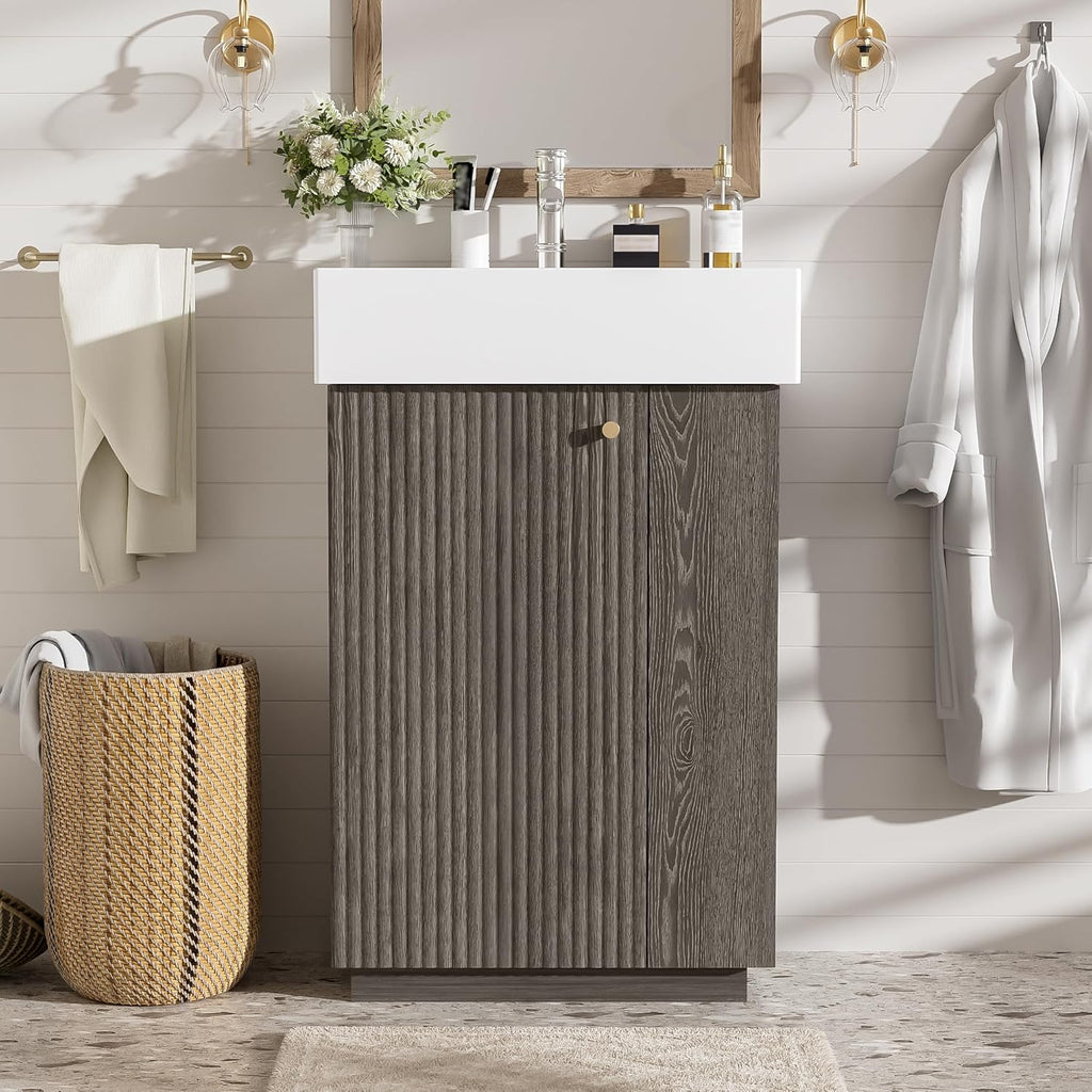 21.6-inch Bathroom Vanity with Reversible Sink, Free-Standing Single Storage Cabinet with One Left Door and Side Open Shelf, Vanity with Ceramic Basin for Bathroom (Dark Grey)