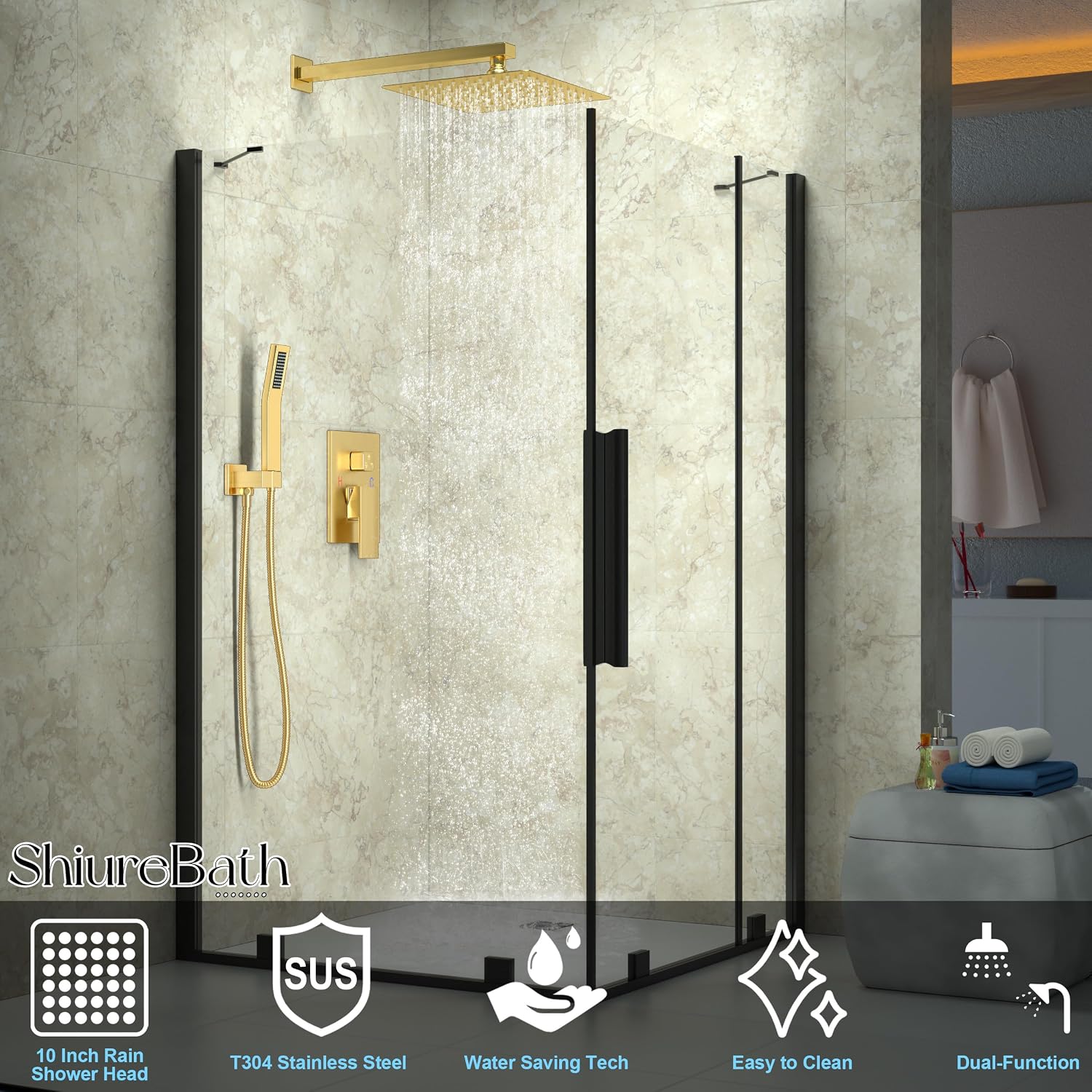 10 Inch Shower Faucet Set, Rainfall Shower System with Square Fixed Shower Head and High Pressure Handheld Shower Head, Spray Wall Mounted Rainfall Shower Fixtures, Brushed Gold
