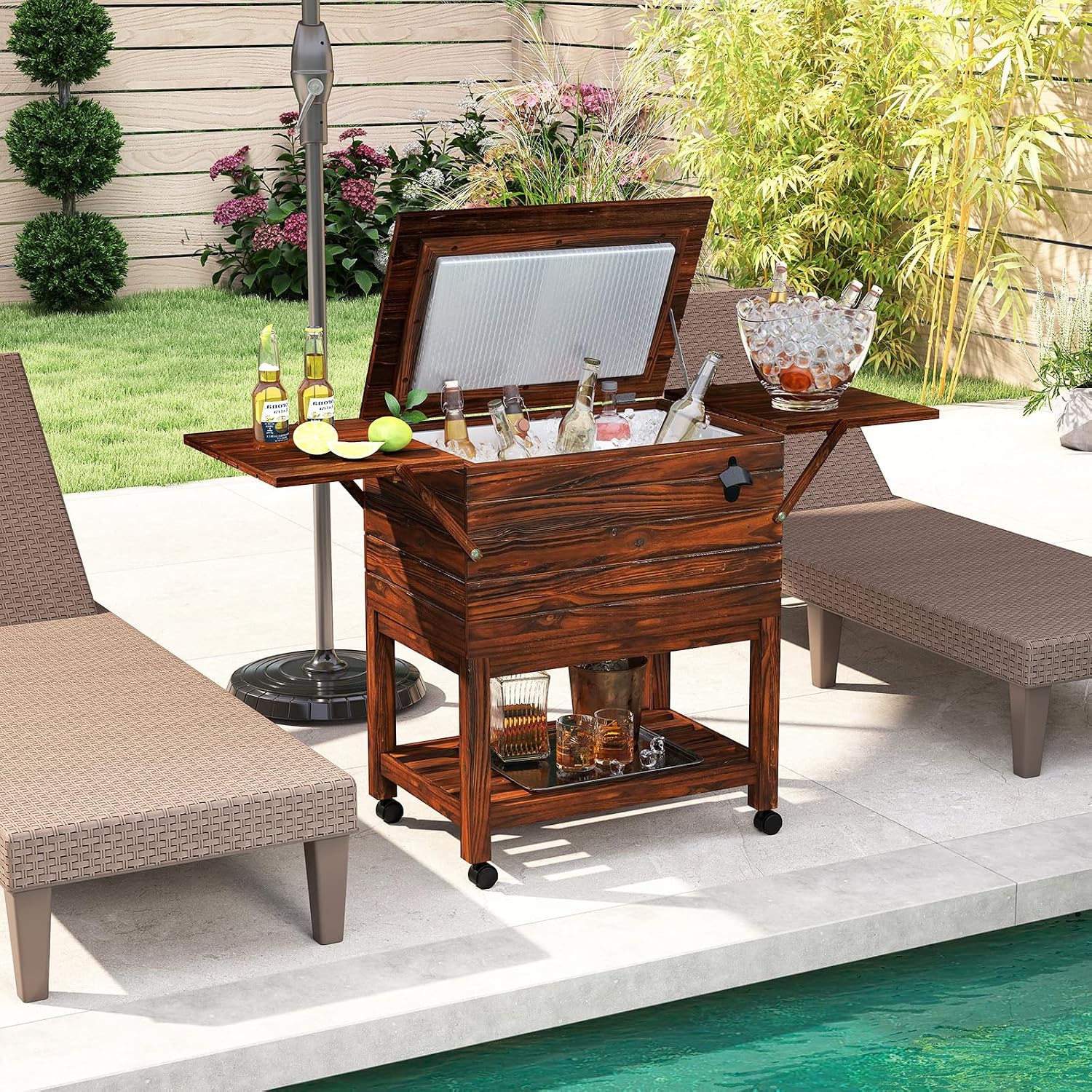 Moccha 54-Quart Rolling Cooler Cart - Wooden Rolling Ice Chest Cooler Cart w/ 2 Drop Leaf Tables, Bottle Opener, Pine Wood Outdoor Beverage Cooler, Patio Cooler on Wheels for Parties Yard Pool Deck