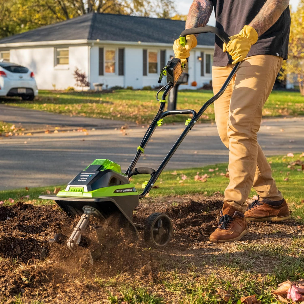 Earthwise Power Tools by ALM TC70040EW 11-Inch 40-Volt Lithium-Ion Cordless Electric Tiller/Cultivator, 4Ah Battery & Charger Included, Green