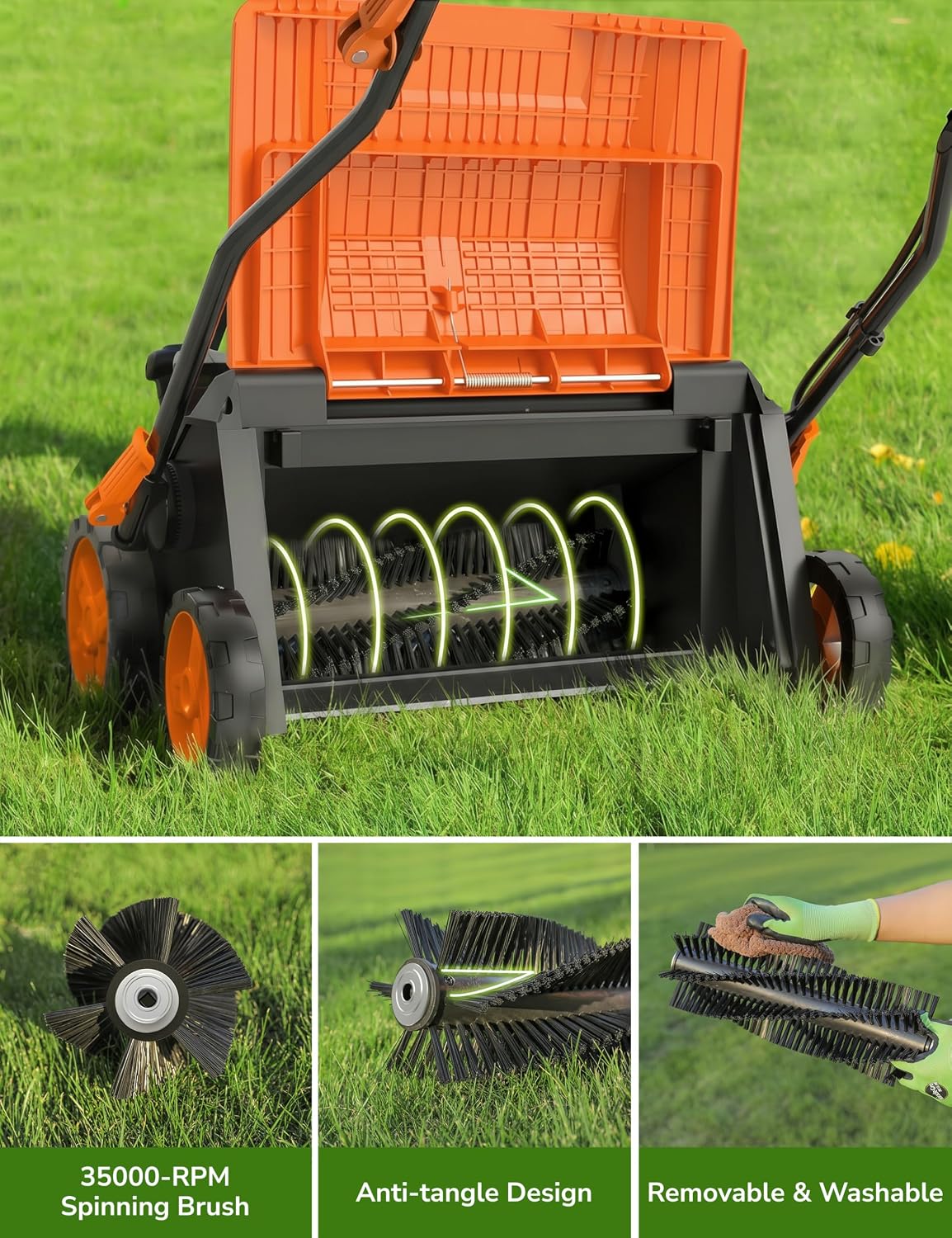 16' Artificial Turf Vacuum, 1800w Grass Sweeper 15 Amp Lawn Sweeper Yard Power Brush with 55L Removable Leaf Collection Bag, Quick-Fold, Keeps Clear Sweepy Box, Orange