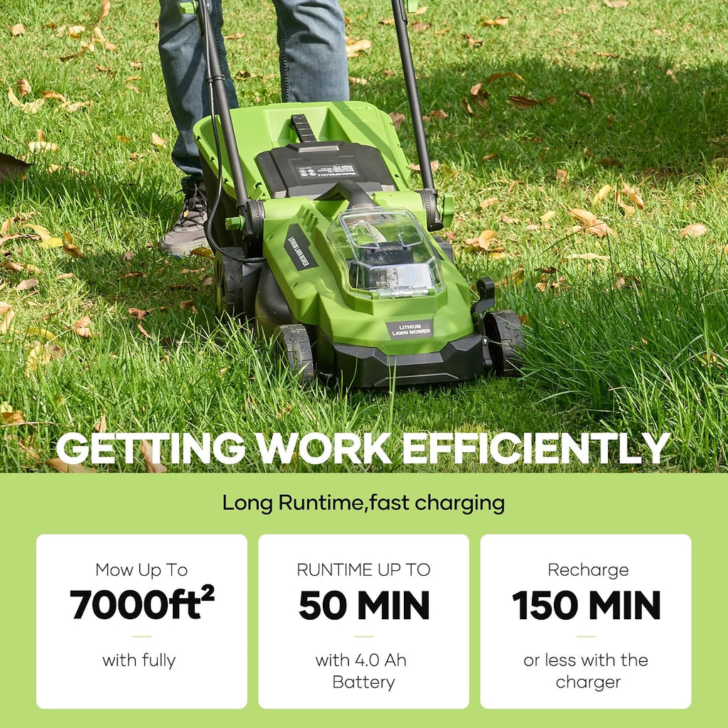 20V Brushless Lawn Mower Cordless,13Inch Electric Lawn Mower with 4.0Ah Battery & Fast Charger, 5 Position Height Adjustment, 8 Gallon Grass Bag, Green