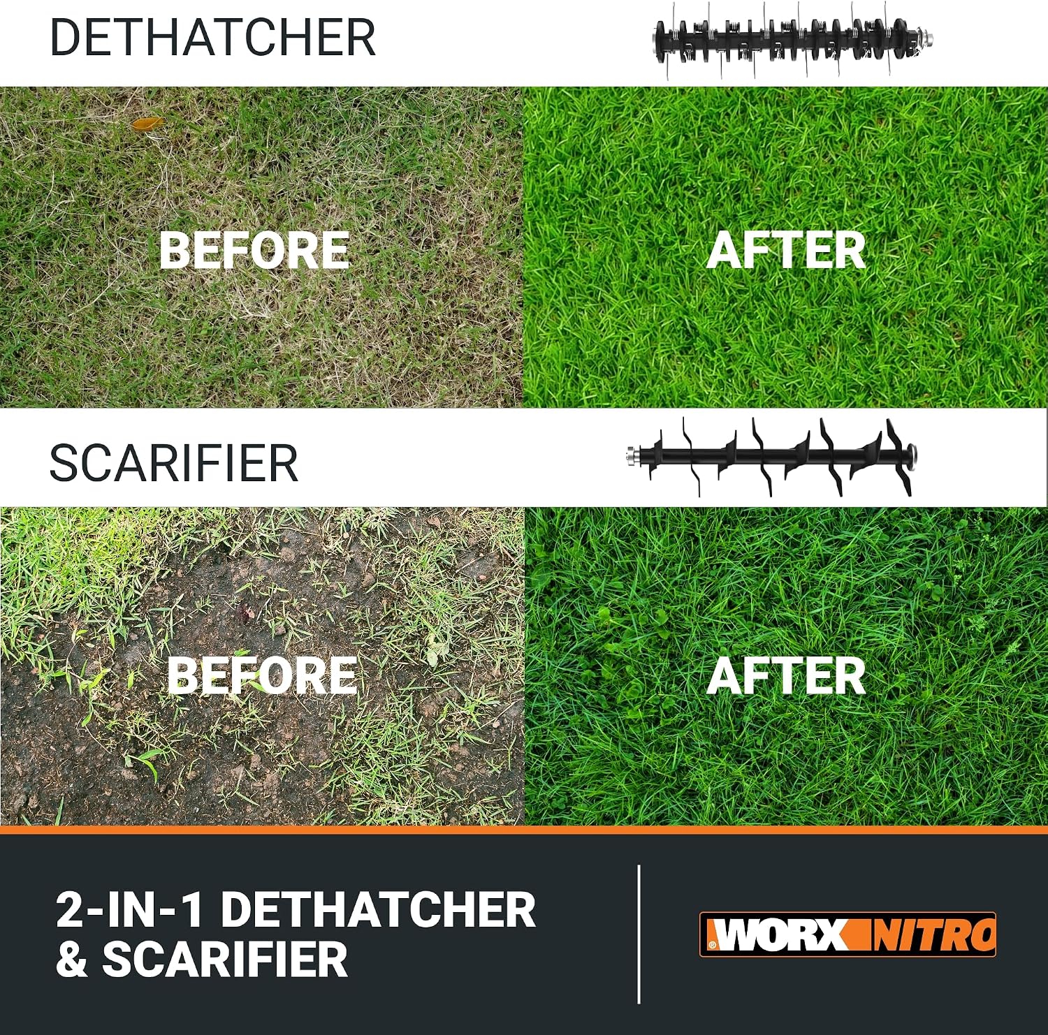 Worx 40V Cordless Lawn Dethatcher, 2 in 1 Dethatcher & Scarifier with Brushless Motor, Electric Dethatcher Removes Deep Thatch & Improves Grass Health, 2 × 4.0 Ah Batteries & Charger Included, WG855