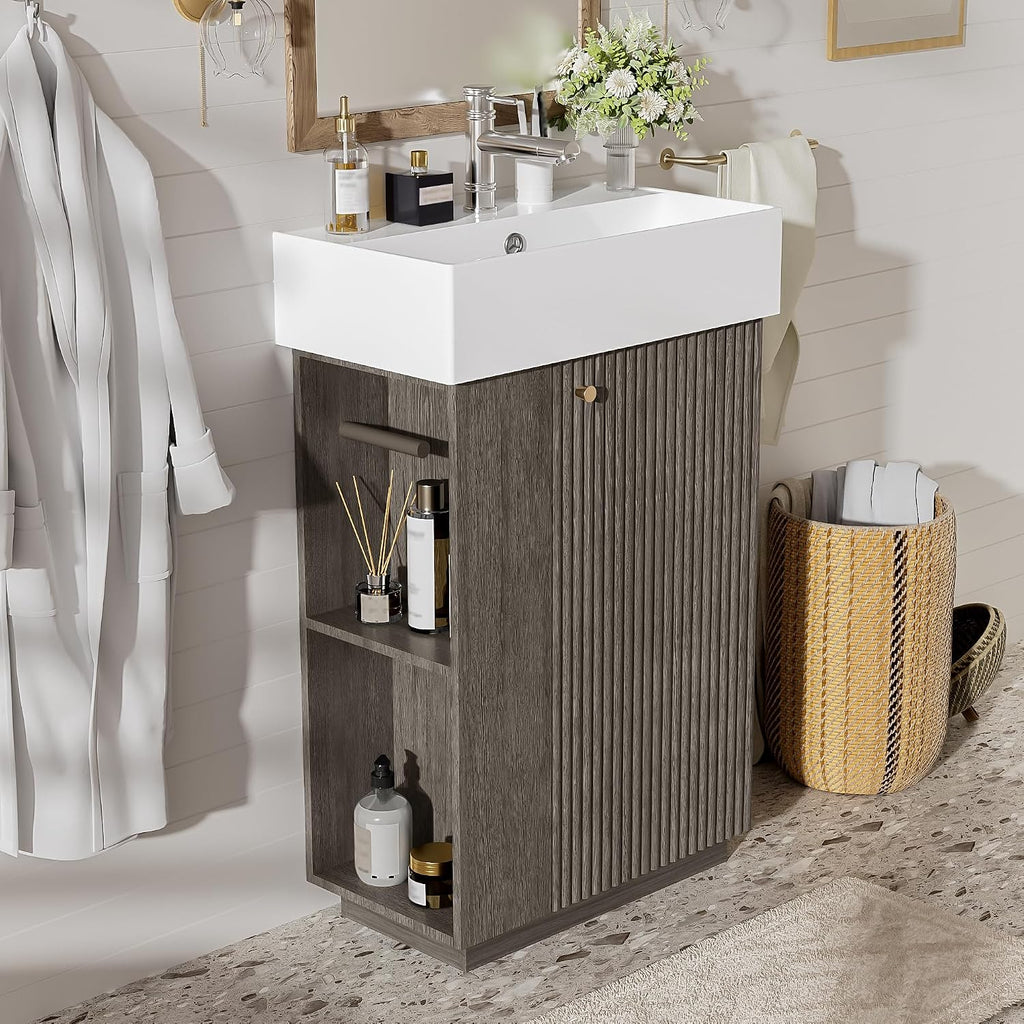 Merax Small Bathroom Vanity, Modern Floor Standing Bathroom Vanity with Sink, Ceramic Sink Vanity with Side Storage Shelves and Toilet Paper Holders, Dark Grey