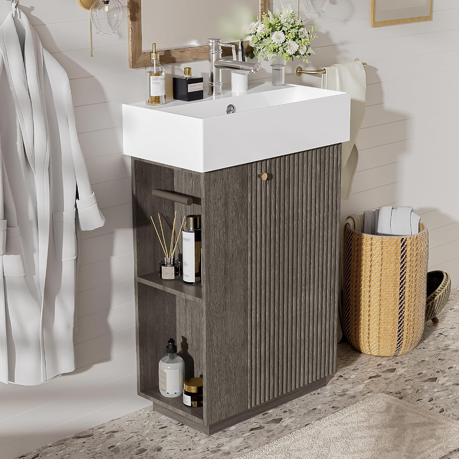 Merax Small Bathroom Vanity, Modern Floor Standing Bathroom Vanity with Sink, Ceramic Sink Vanity with Side Storage Shelves and Toilet Paper Holders, Dark Grey