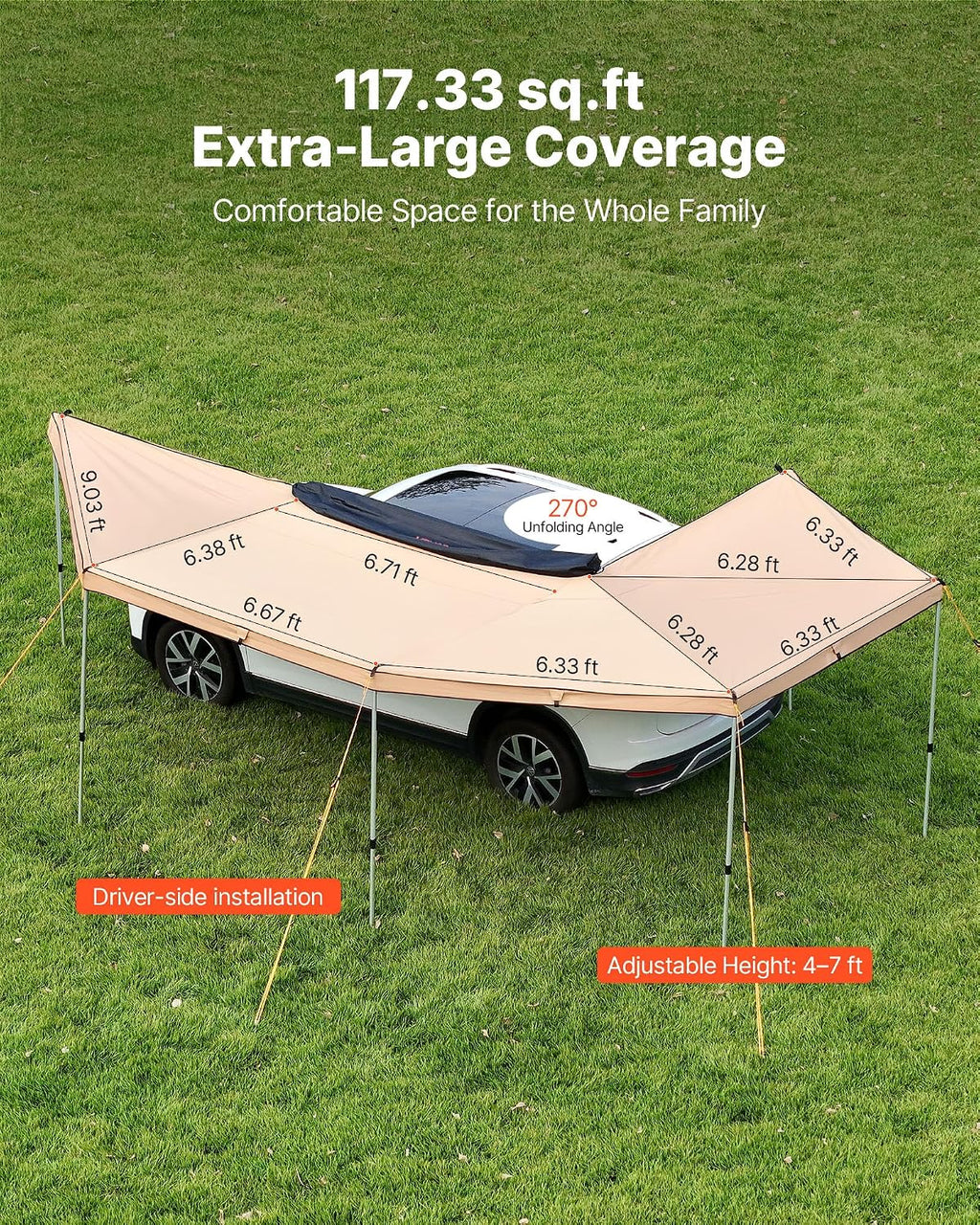 VEVOR 270 Degree Awning with Bulit-in LED Light 3 Colors, 117 sq.ft Driver Side Vehicle Awning, UV50+ Waterproof Car Side Awnings, All-Weather Overland Awnings Car Shelter for SUV Truck Camping