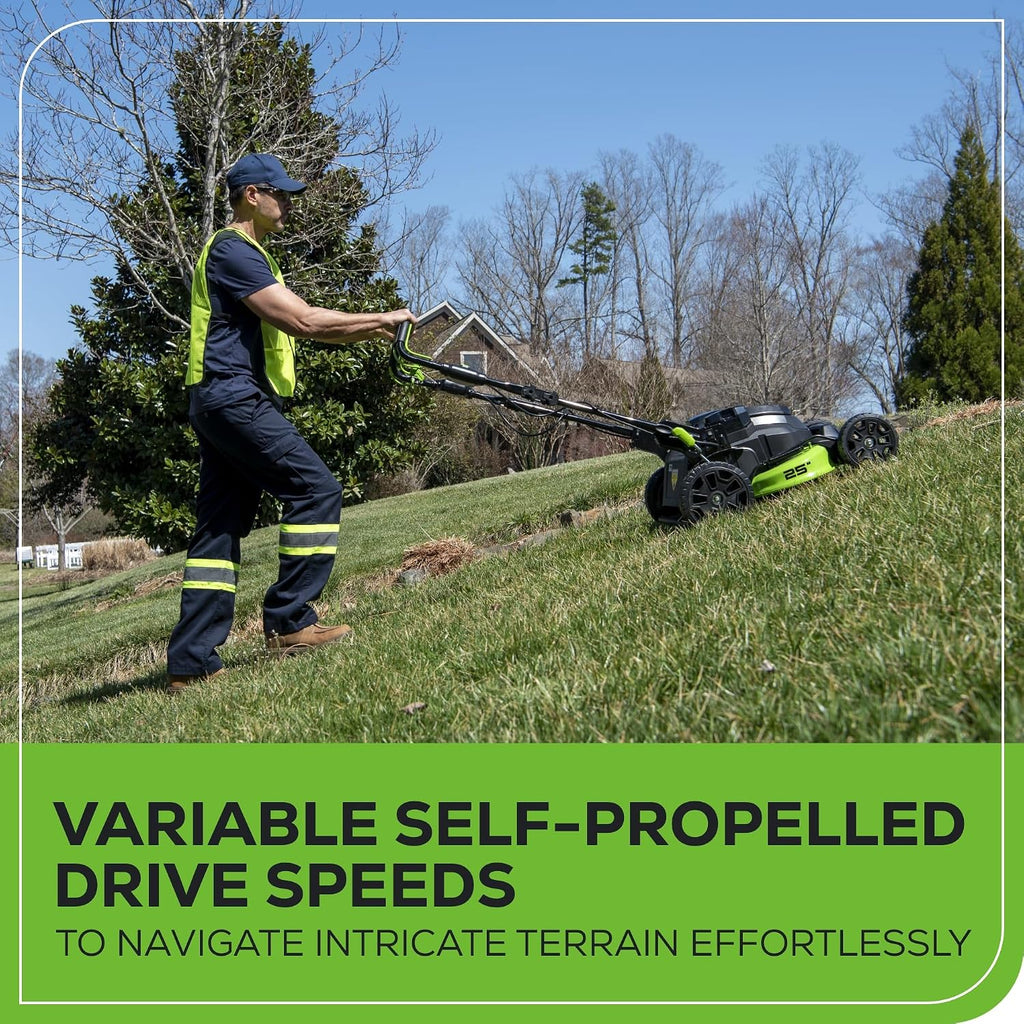 Greenworks 82V Bundle - 25' Brushless (Self-Propelled) Cordless Lawn Mower, (2) 4.0Ah Batteries and Dual Port Rapid Charger + Bonus 4.0Ah Battery (Bonus Battery)