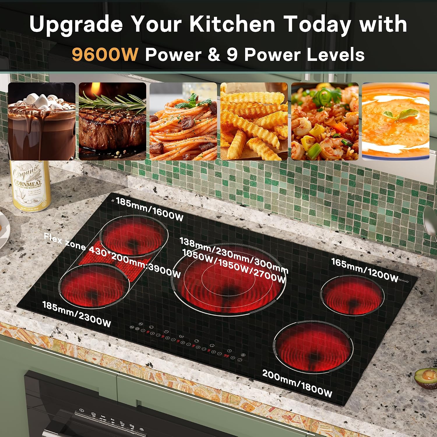 36 Inch Electric Cooktop 5 Burner, Built-in Electric Stovetop with Flexible Bridge & Triple Ring Burner, 9600W Cooktop Electrics with BBQ Burner, Timer, Safety Lock,Pause, 220V-240V Hard Wire