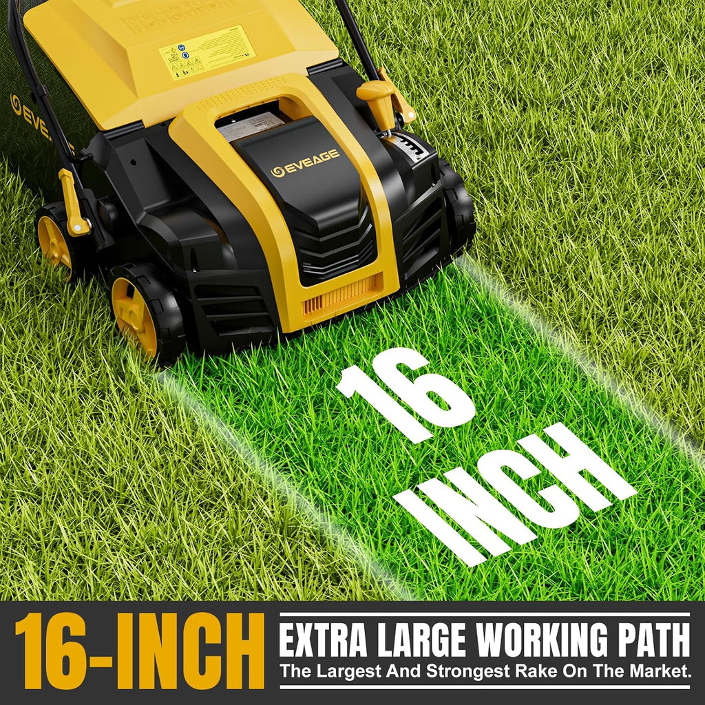 EVEAGE 16-Inch 15 Amp Electric Dethatcher & Scarifier, 2-in 1 Thatcher for Lawn with 5-Position Depth Adjustment, 14.5gal Collection Bag, Increases Lawn Health