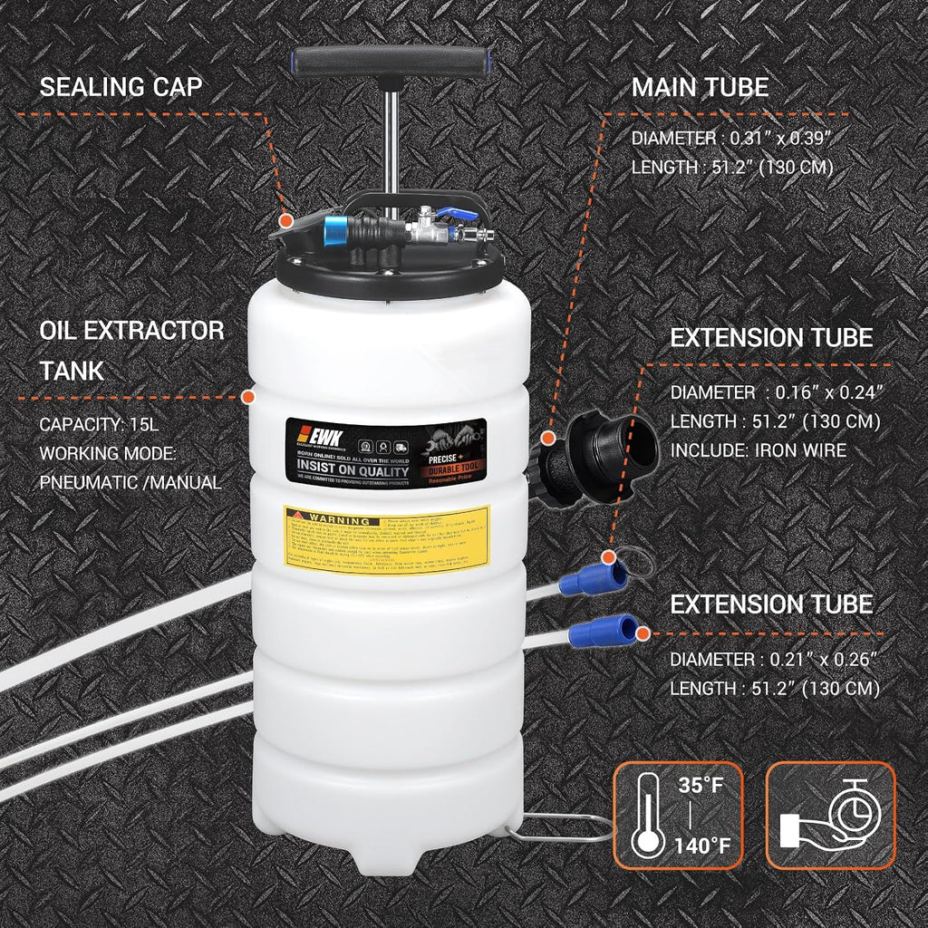 EWK 15L Pneumatic/Manual Oil Extractor Pump, Fluid Evacuator for Oil Change, Large Capacity Vacuum Evacuation Tool for Cars Trucks and Agricultural Machinery