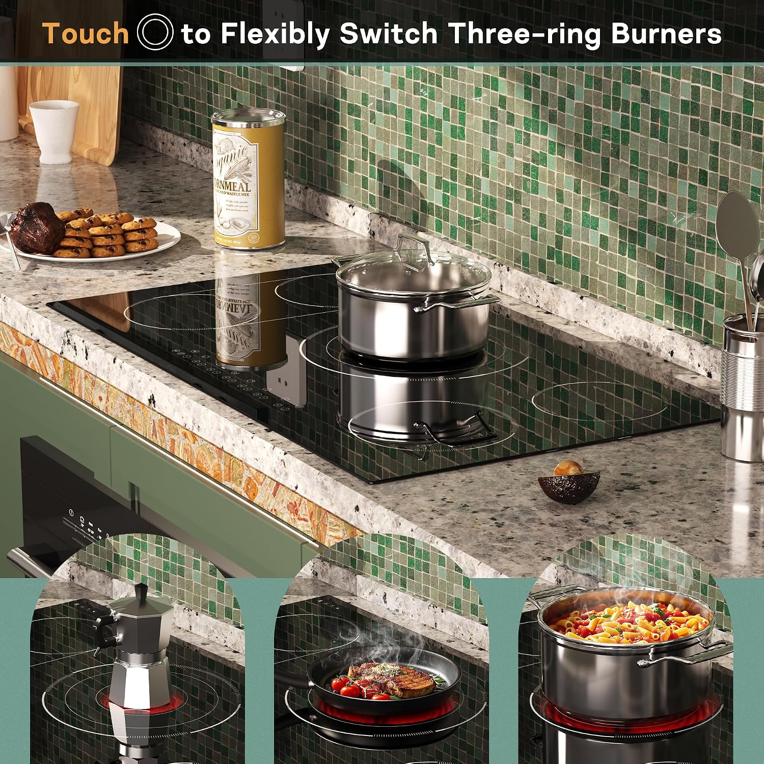 36 Inch Electric Cooktop 5 Burner, Built-in Electric Stovetop with Flexible Bridge & Triple Ring Burner, 9600W Cooktop Electrics with BBQ Burner, Timer, Safety Lock,Pause, 220V-240V Hard Wire