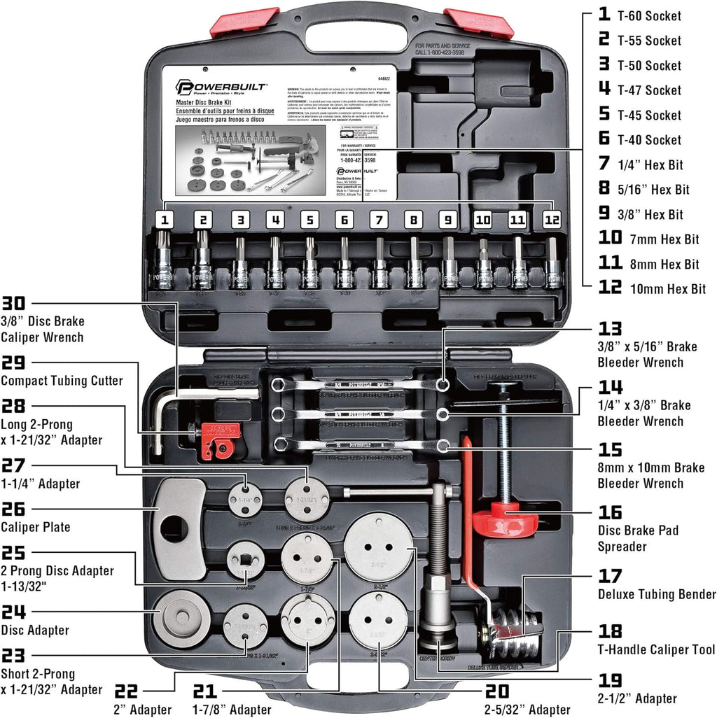 Powerbuilt Master Disc Brake Service Set, Vehicle Brake Caliper Wind Back Tool for Cars, Trucks, Piston Compression 30 Piece -648622
