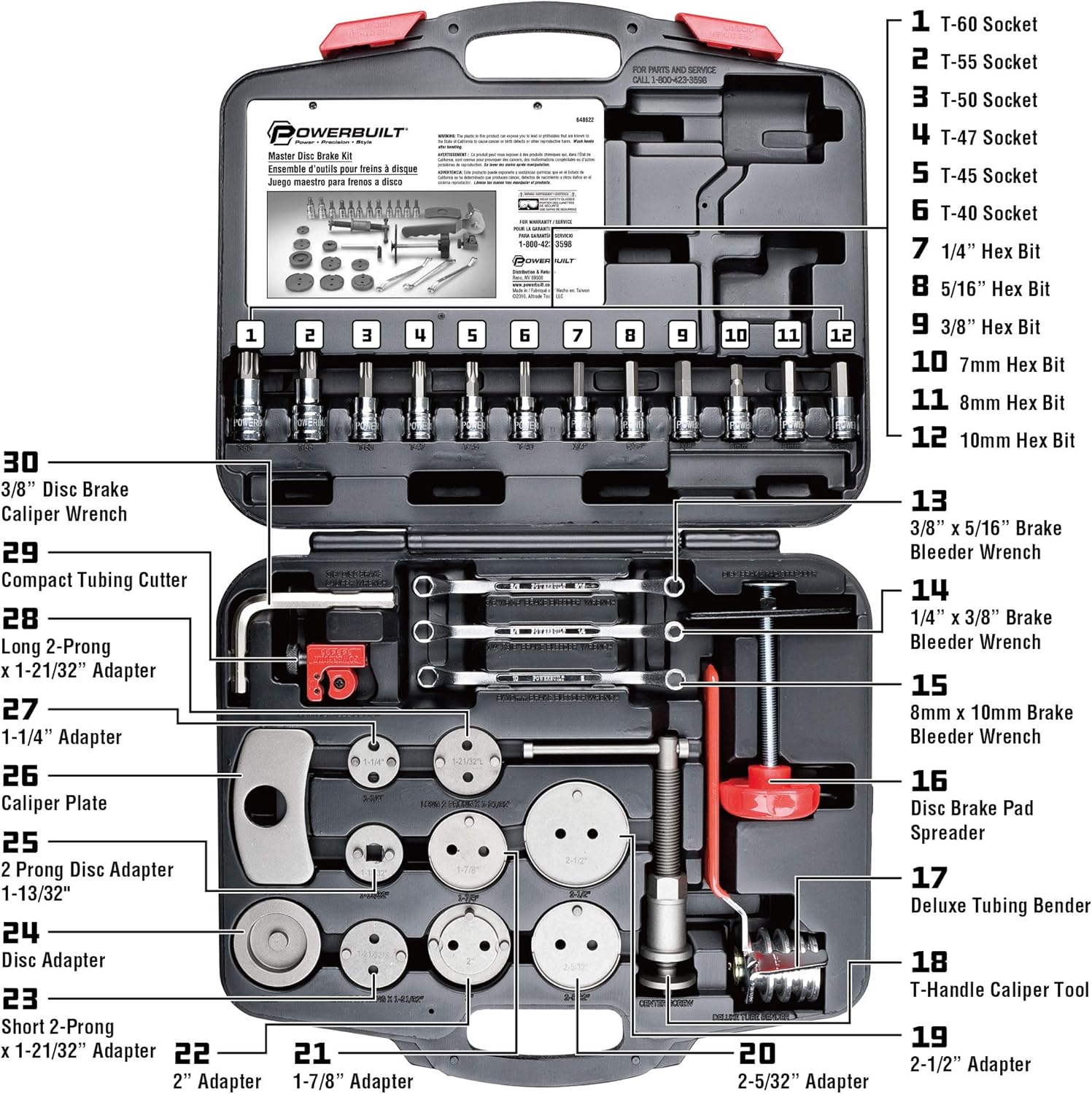 Powerbuilt Master Disc Brake Service Set, Vehicle Brake Caliper Wind Back Tool for Cars, Trucks, Piston Compression 30 Piece -648622