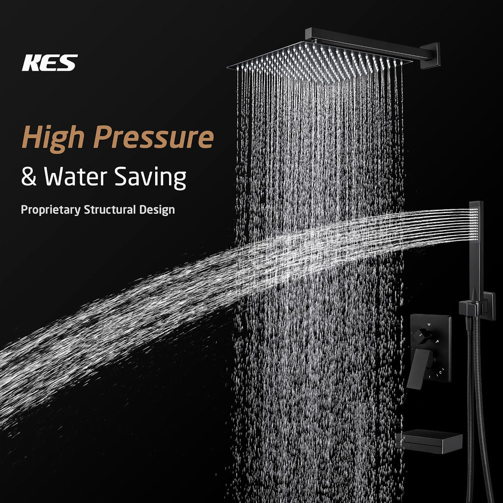 KES Black Shower Faucet Set Complete, 12 Inch Rainfall Shower Head with Handheld Spray, Waterfall Tub Spout Bathtub Faucet, Shower System, Regaderas Modernas Para Ducha, XB6305F18S12-BK
