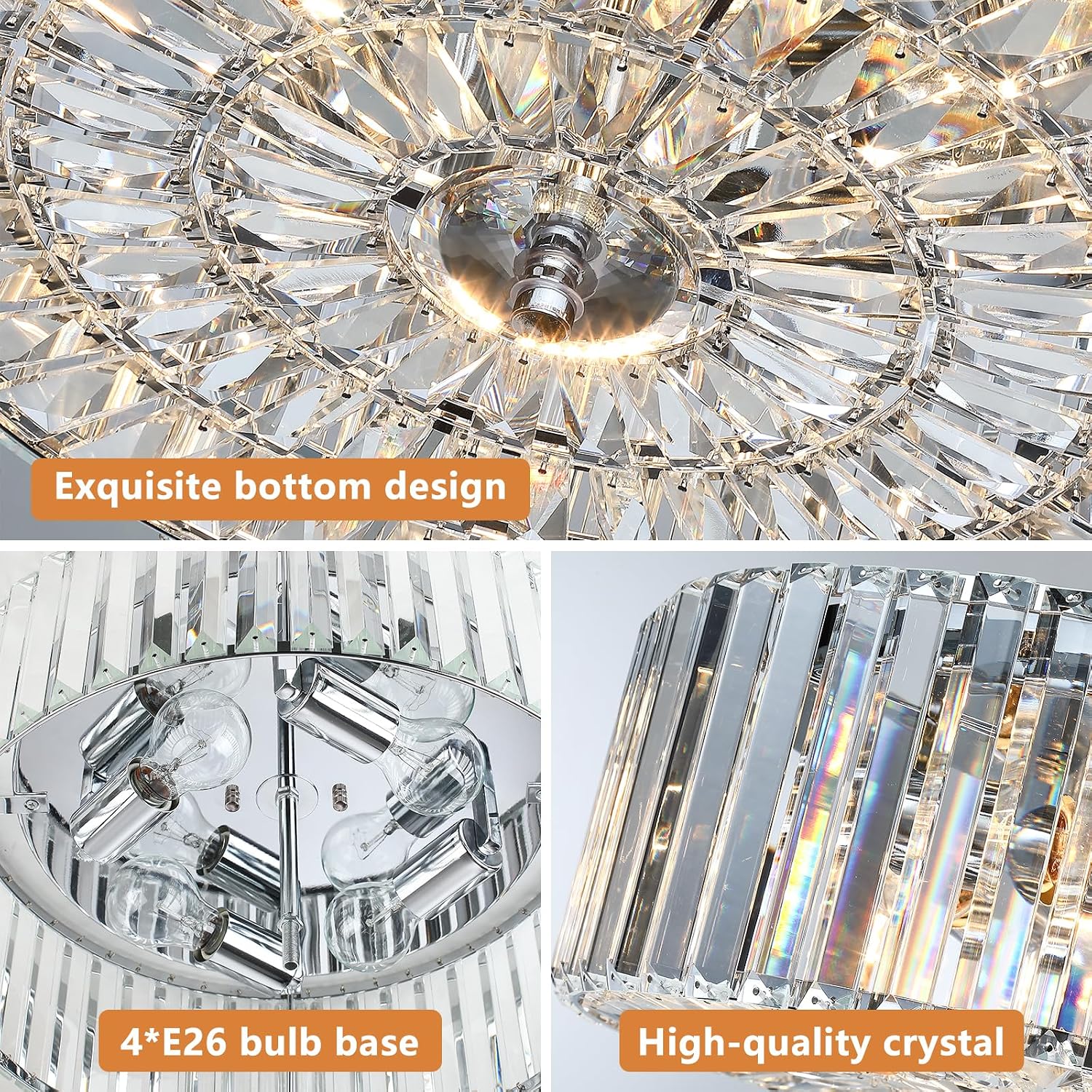 17.5' Large Crystal Ceiling Light, 4-Lights Flush Mount Crystal Ceiling Light, Chrome Ceiling Lamp Modern Chandelier for Bedroom, Dining Room,Living Room, XDD007-4-CH