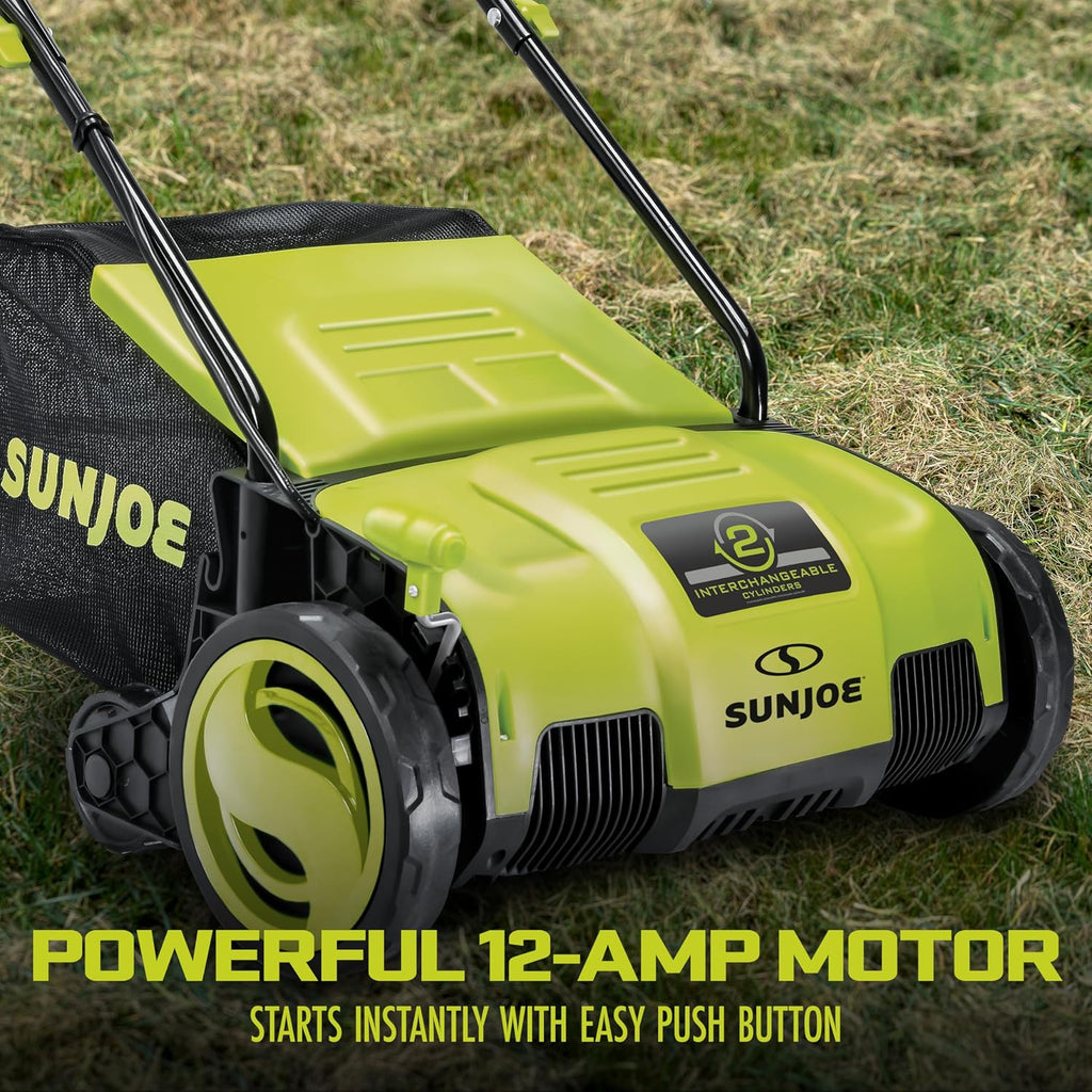 Sun Joe Corded Electric Lawn Dethatcher and Scarifier, 12-Amp, 12.6-Inch Cutting Width - Heavy-Duty Yard Trimmer and Mower Machine for Gardening Care and Maintenance, AJ798E