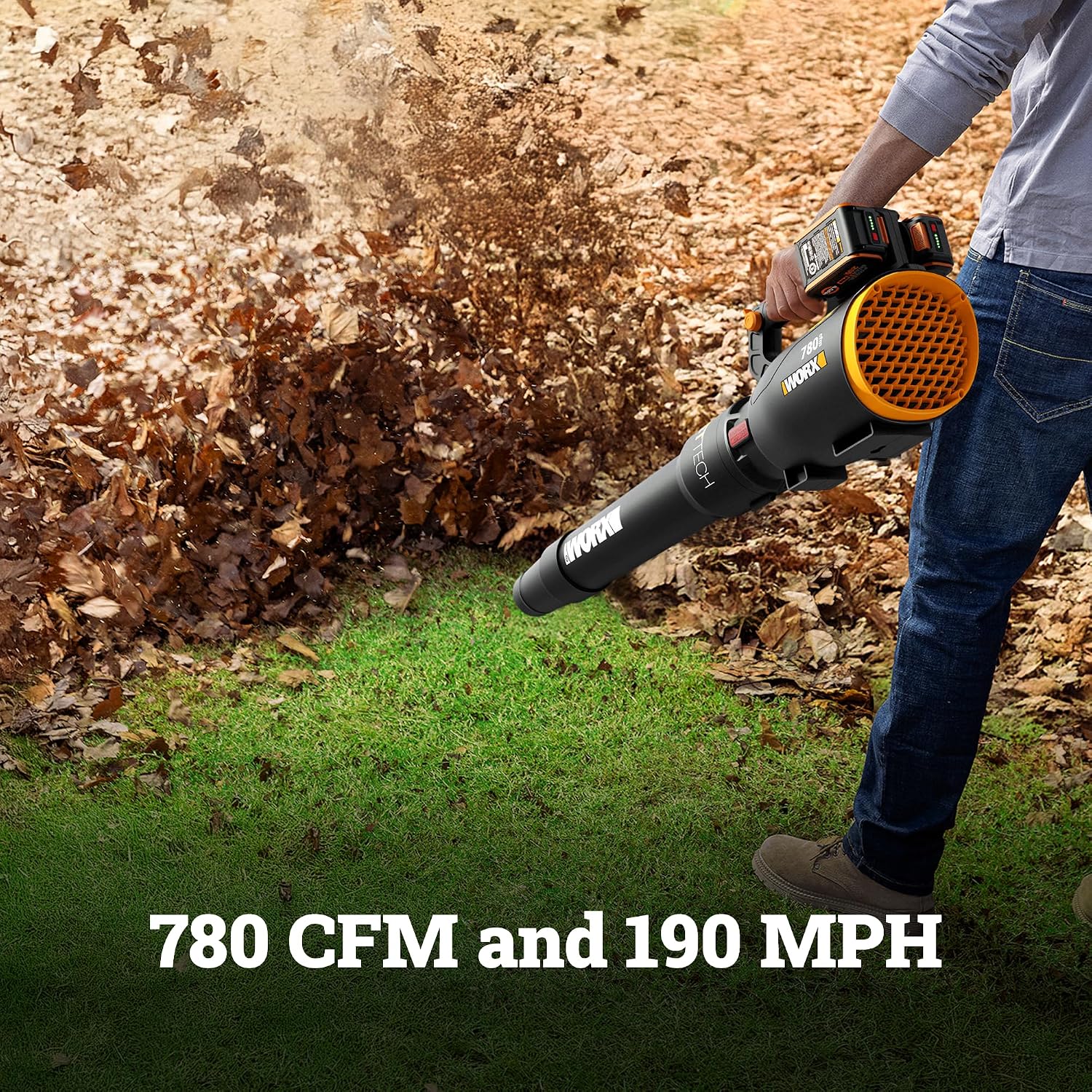 WORX Cordless Leaf Blower, Electric Blower with 780 CFM & 190 MPH, Brushless Lawn Blower with Gas-Like Power & 57 dB, 2 × 4.0 Ah Batteries & Charger Included, WG582