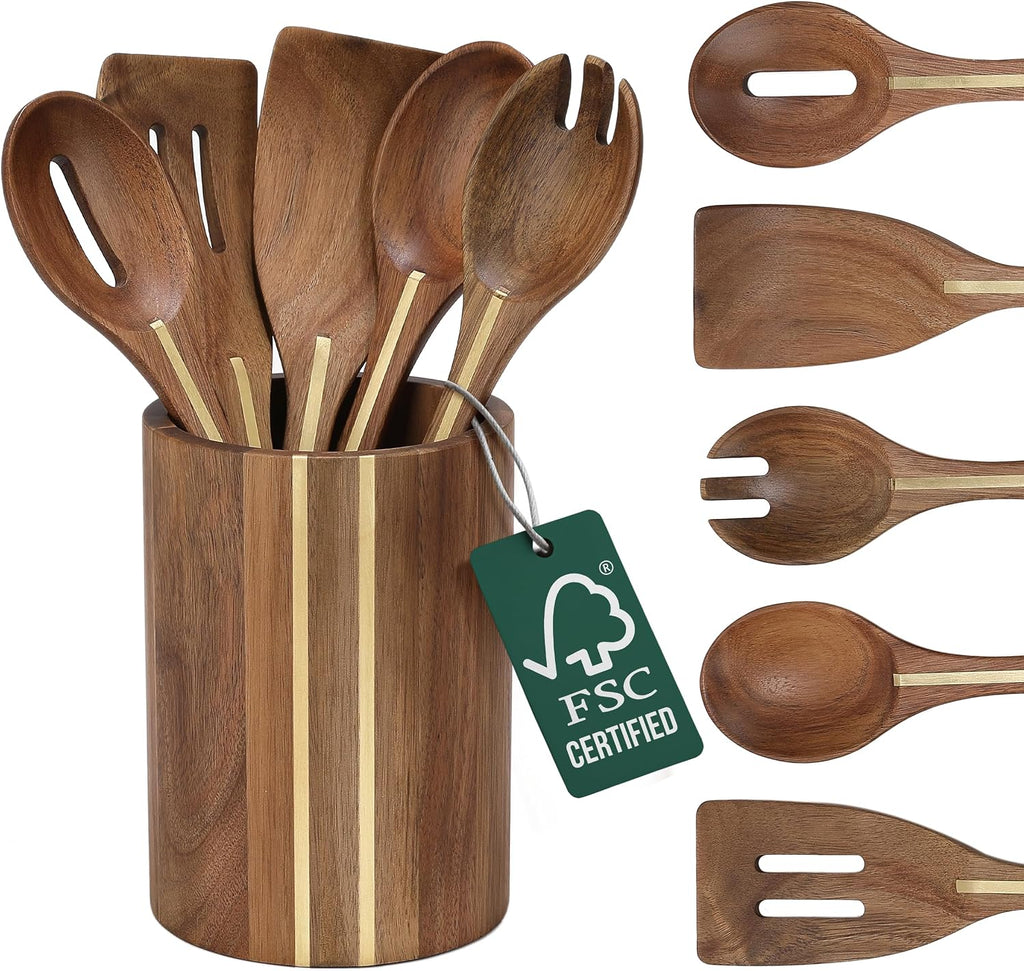 Acacia Utensil Set of 5 with Holder – Premium Wooden Cooking Utensils, Eco Friendly Acacia Wood Spatula & Spoon Set, Nonstick Safe Kitchen Tools