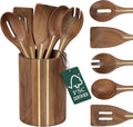 Acacia Utensil Set of 5 with Holder – Premium Wooden Cooking Utensils, Eco Friendly Acacia Wood Spatula & Spoon Set, Nonstick Safe Kitchen Tools