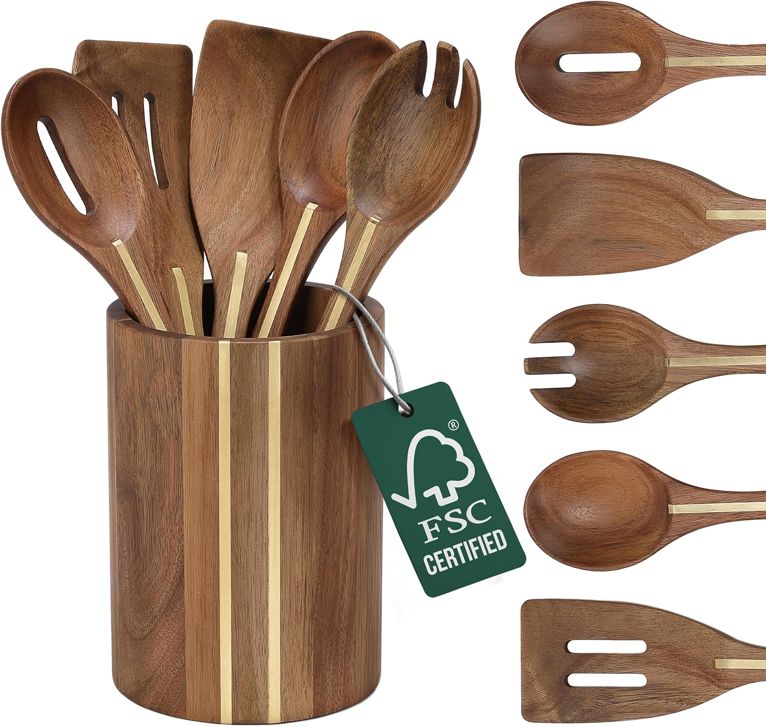 Acacia Utensil Set of 5 with Holder – Premium Wooden Cooking Utensils, Eco Friendly Acacia Wood Spatula & Spoon Set, Nonstick Safe Kitchen Tools