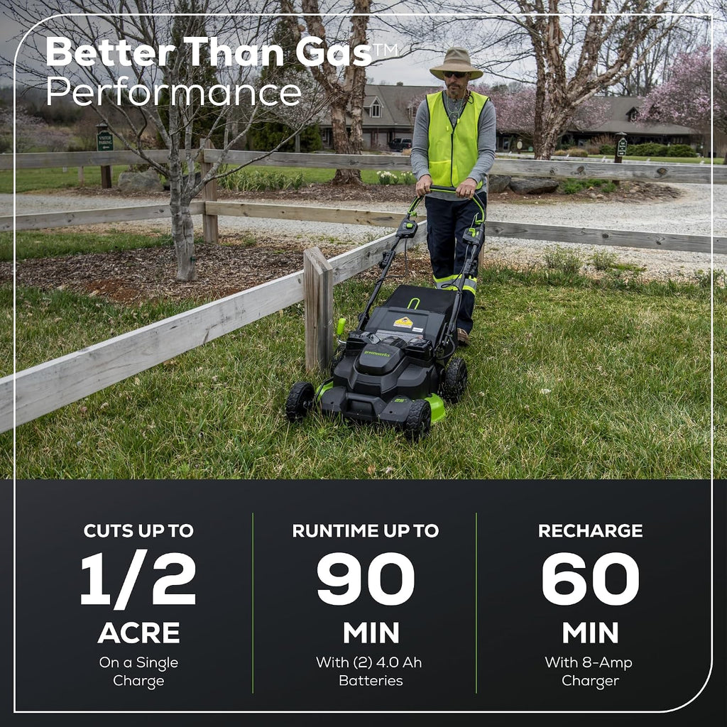 Greenworks 82V Bundle - 25' Brushless (Self-Propelled) Cordless Lawn Mower, (2) 4.0Ah Batteries and Dual Port Rapid Charger + Bonus 4.0Ah Battery (Bonus Battery)