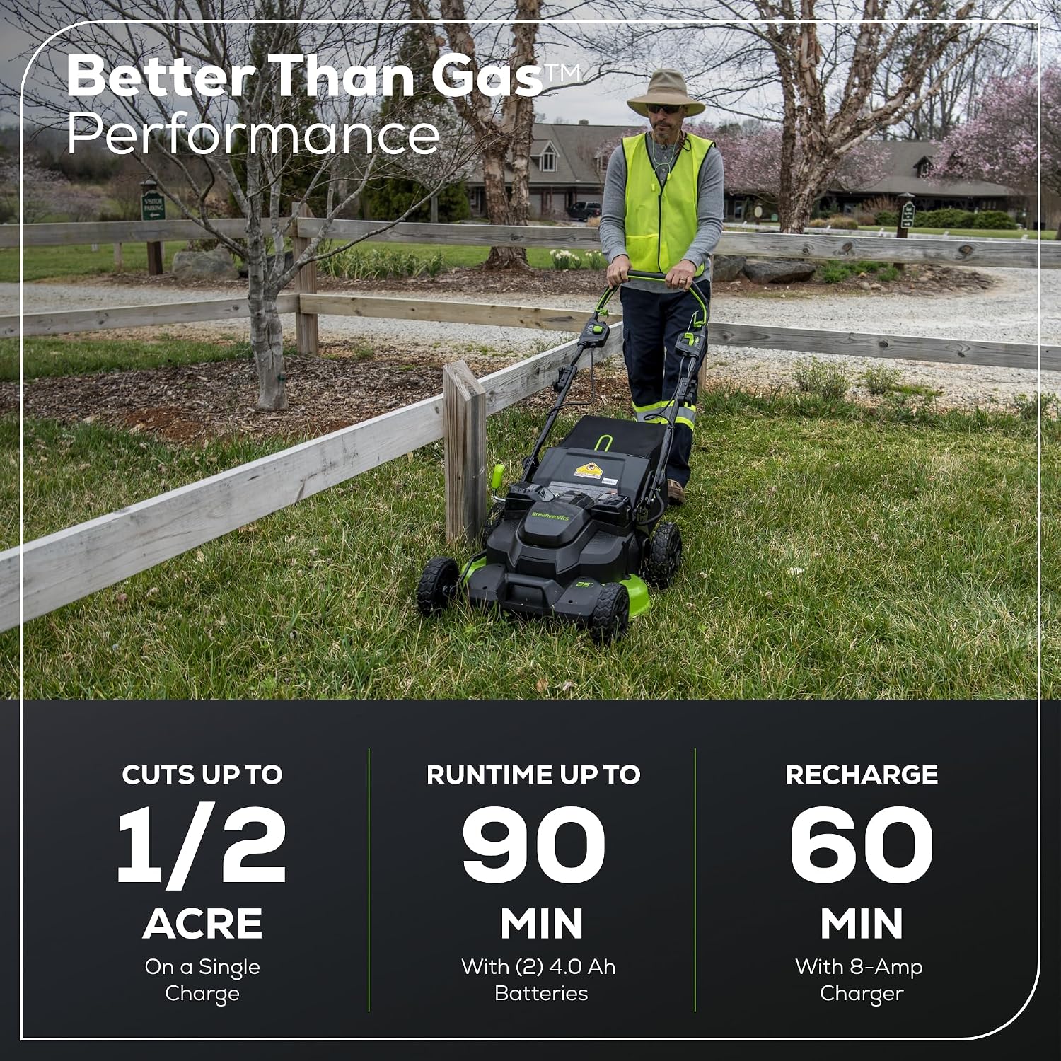 Greenworks 82V Bundle - 25' Brushless (Self-Propelled) Cordless Lawn Mower, (2) 4.0Ah Batteries and Dual Port Rapid Charger + Bonus 4.0Ah Battery (Bonus Battery)