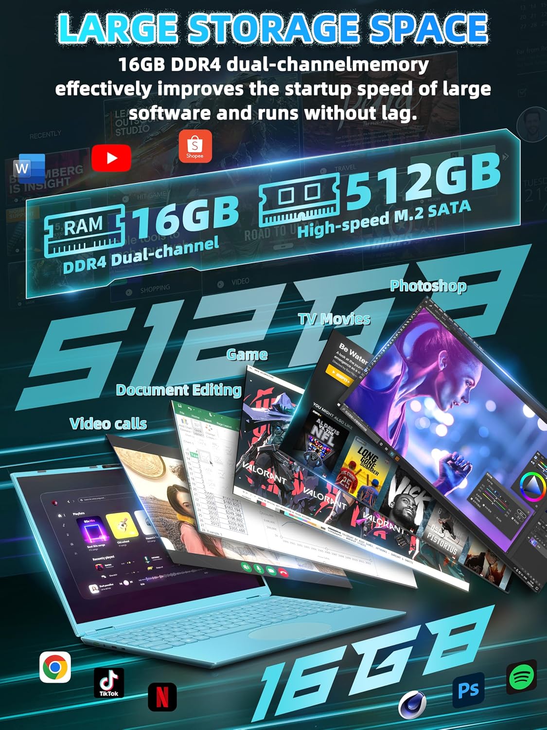 16' Blue Laptop, DDR4 16GB RAM 512GB SSD, 1920x1200 FHD IPS, Quad-Core N95 Processor (Up to 3.4GHz), Color Backlit KB, Face Recognition & Gesture Touchpad, Win 11 Pro for Business & Student
