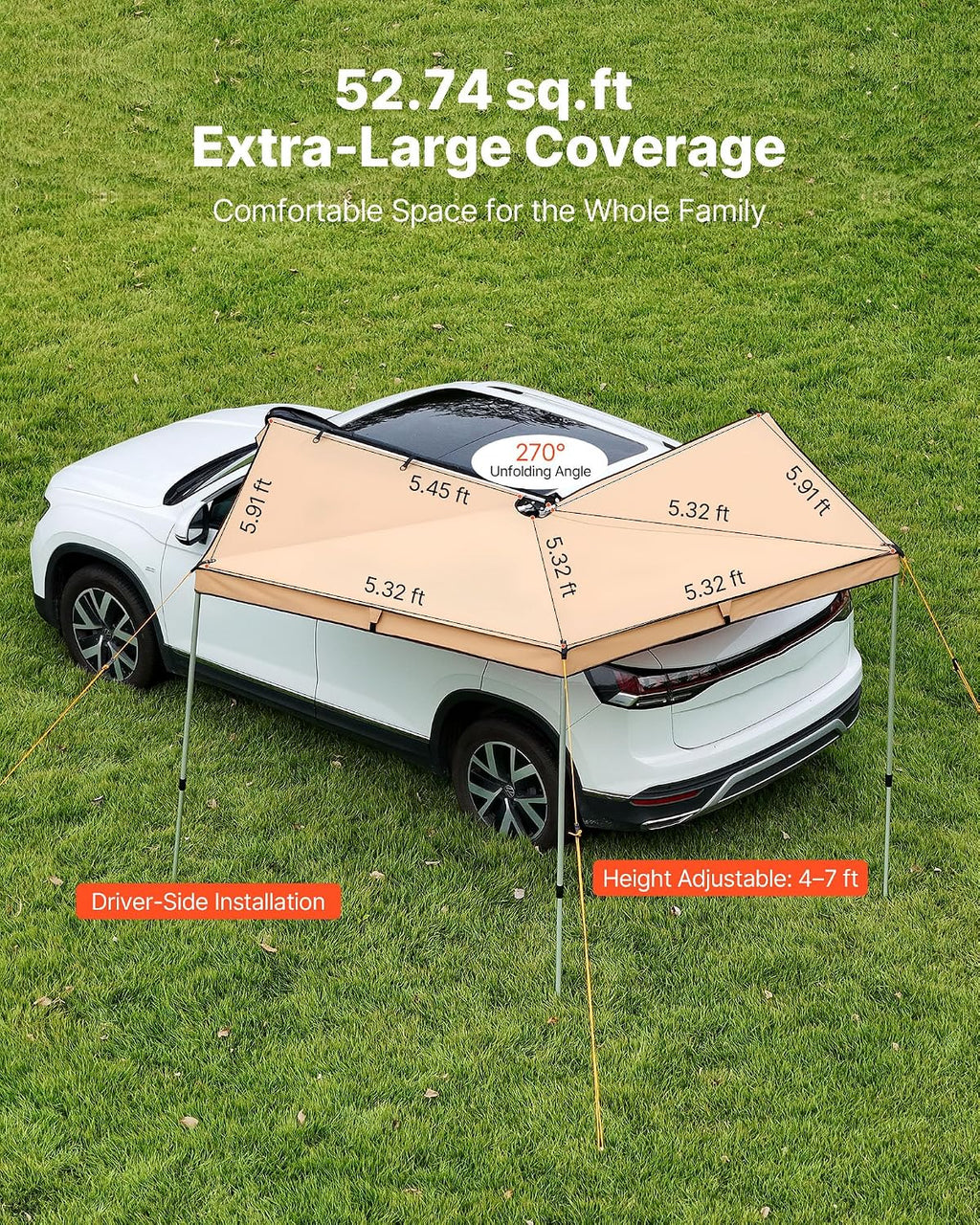 VEVOR 270 Degree Awning, 52 sq.ft Driver Side Vehicle Awning, UV50+ Waterproof Car Side Awnings with Carry Bag, All-Weather Overland Awnings Car Shelter for SUV Van Truck Camping