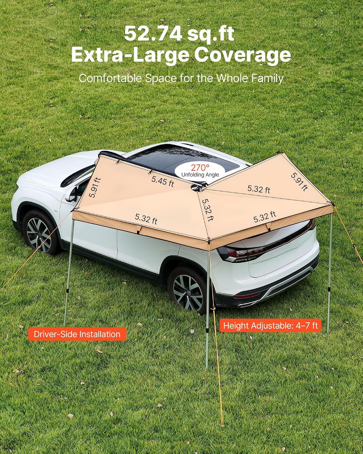 VEVOR 270 Degree Awning, 52 sq.ft Driver Side Vehicle Awning, UV50+ Waterproof Car Side Awnings with Carry Bag, All-Weather Overland Awnings Car Shelter for SUV Van Truck Camping