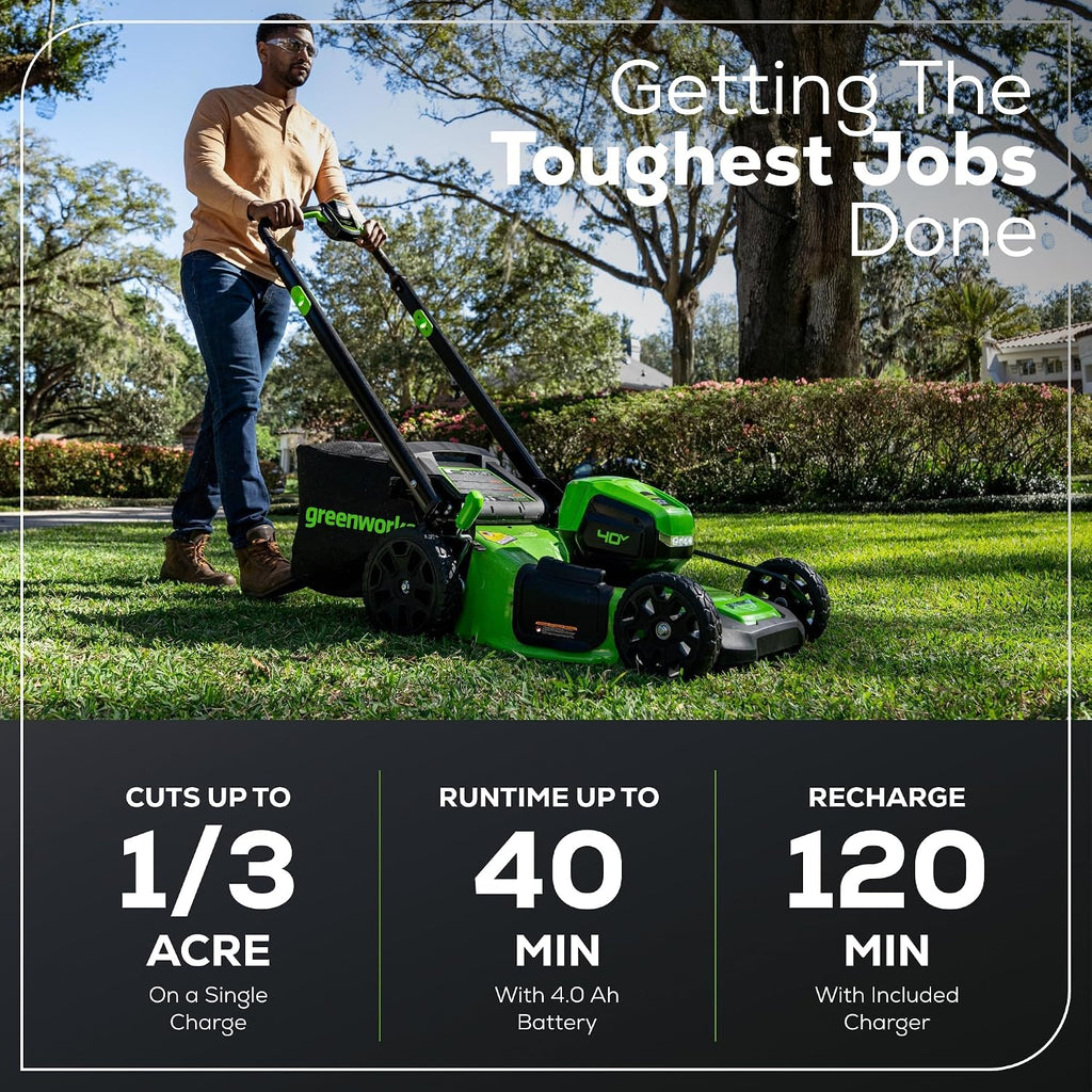 Greenworks 40V 20' Cordless Battery Push Lawn Mower, 13' String Trimmer & 350 CFM Leaf Blower w/ 4.0Ah Battery & Charger