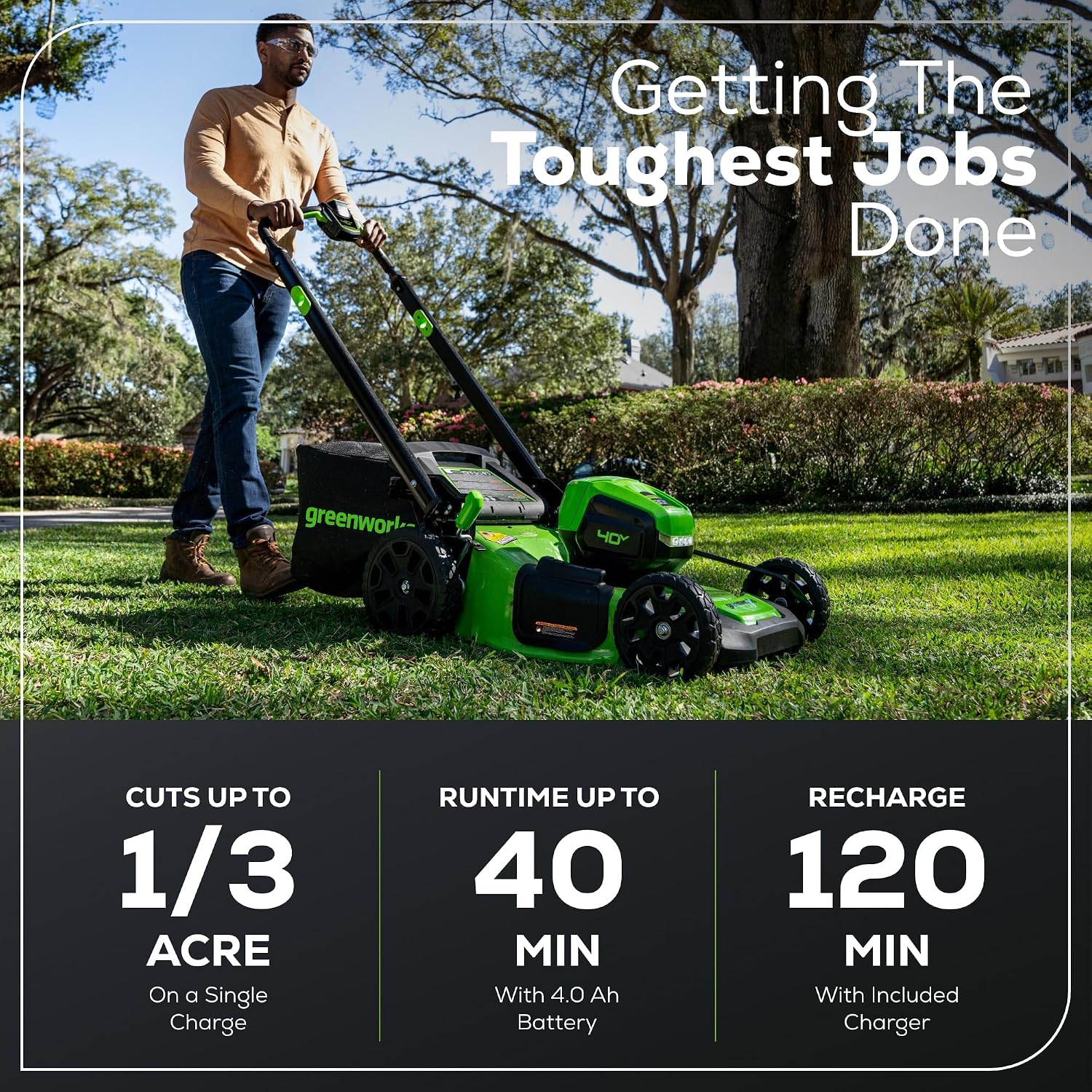 Greenworks 40V 20' Cordless Battery Push Lawn Mower, 13' String Trimmer & 350 CFM Leaf Blower w/ 4.0Ah Battery & Charger