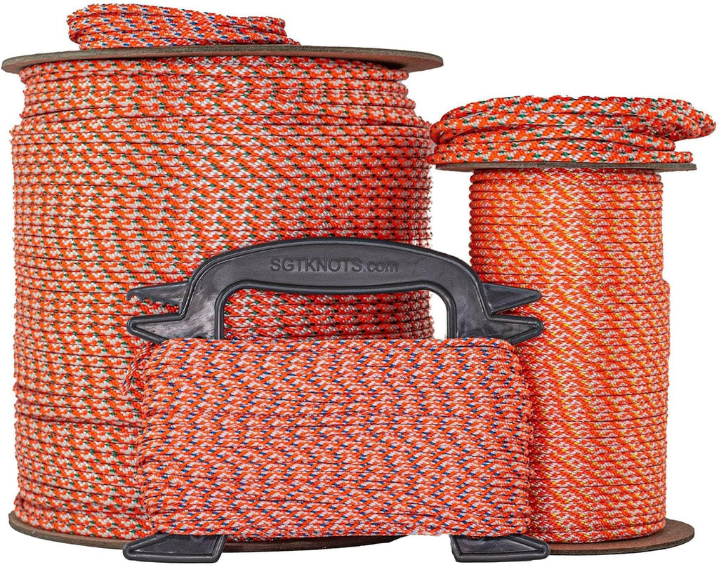 SGT KNOTS #4 Polyester Pull Cord - Small Engine Replacement Cord Rope for Lawn Mowers, Generators & More (1/8 in. x 1000ft) Orange with Blue Tracer