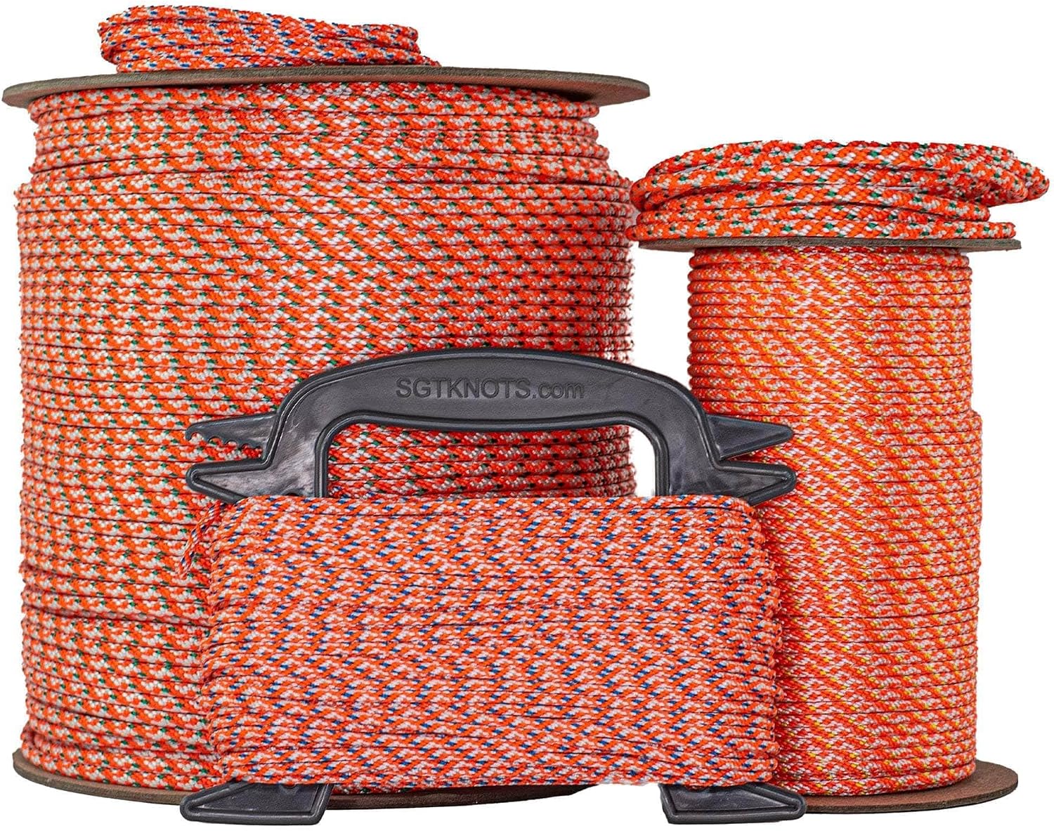 SGT KNOTS #4 Polyester Pull Cord - Small Engine Replacement Cord Rope for Lawn Mowers, Generators & More (1/8 in. x 1000ft) Orange with Blue Tracer