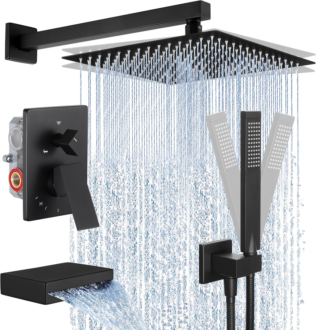 KES Black Shower Faucet Set Complete, 12 Inch Rainfall Shower Head with Handheld Spray, Waterfall Tub Spout Bathtub Faucet, Shower System, Regaderas Modernas Para Ducha, XB6305F18S12-BK