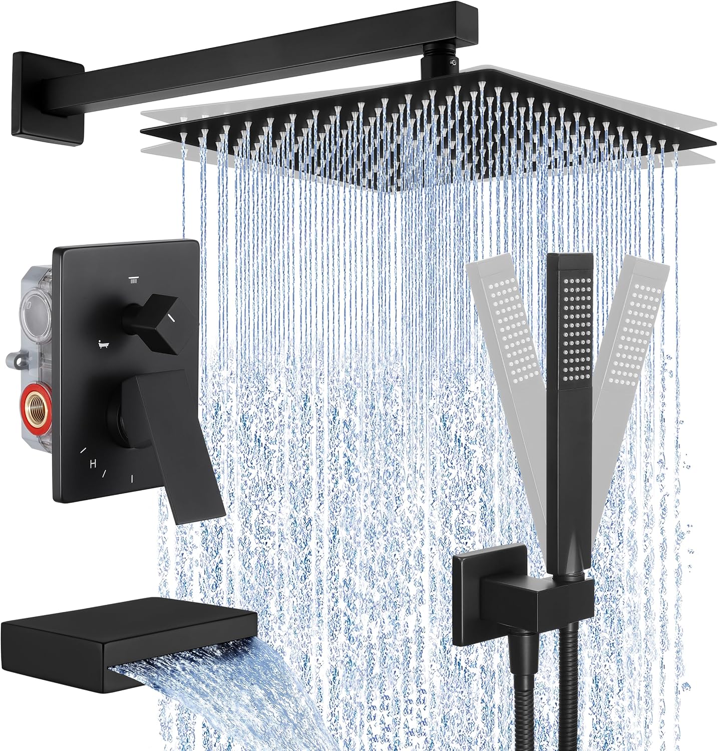 KES Black Shower Faucet Set Complete, 12 Inch Rainfall Shower Head with Handheld Spray, Waterfall Tub Spout Bathtub Faucet, Shower System, Regaderas Modernas Para Ducha, XB6305F18S12-BK