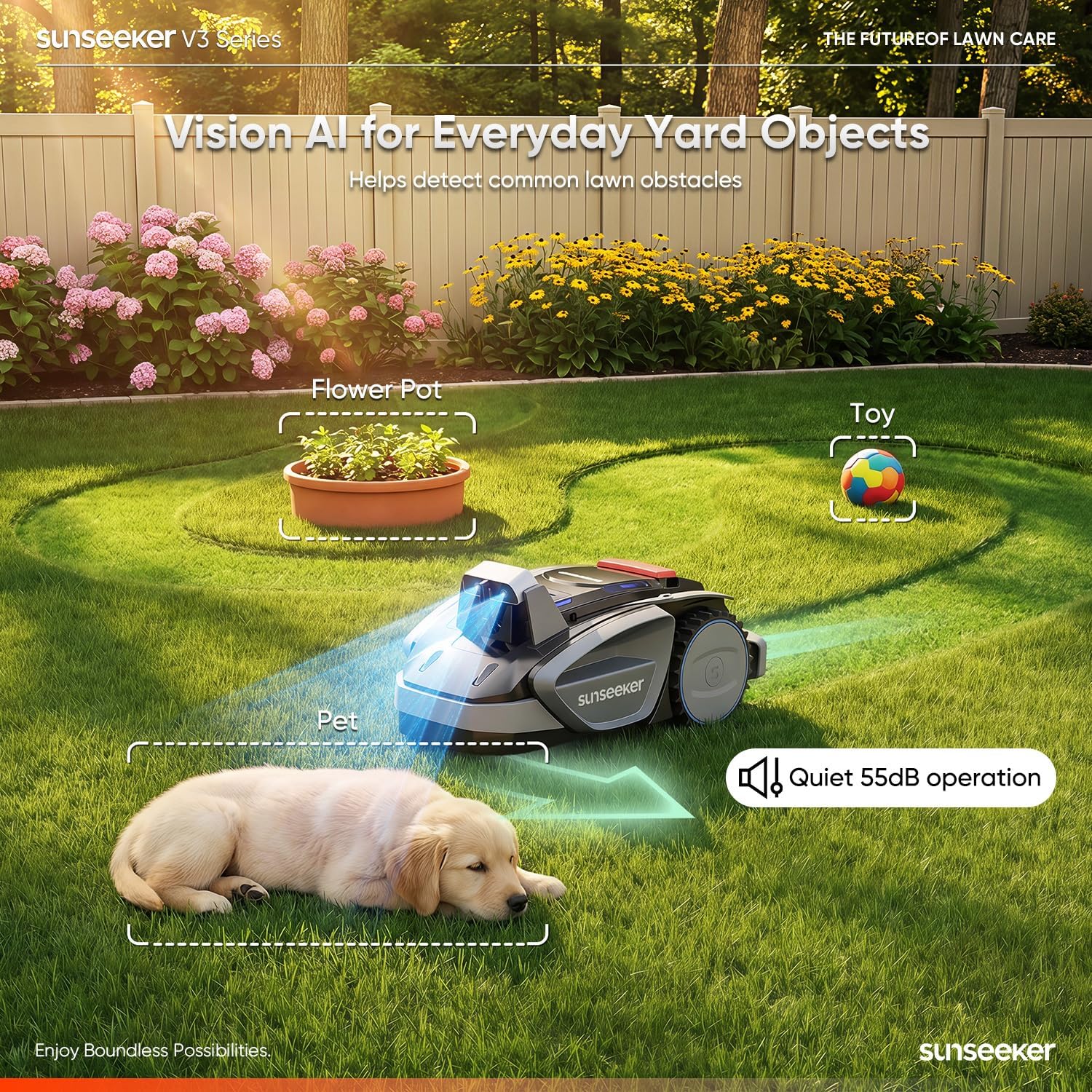 Sunseeker V3 Wireless Robot Lawn Mower for Small Yards, 0.15 Acre/6,400 Sq. Ft., Vision AI Obstacle Detection, One-Click Start, App Control, Auto Recharge, 42% Slope