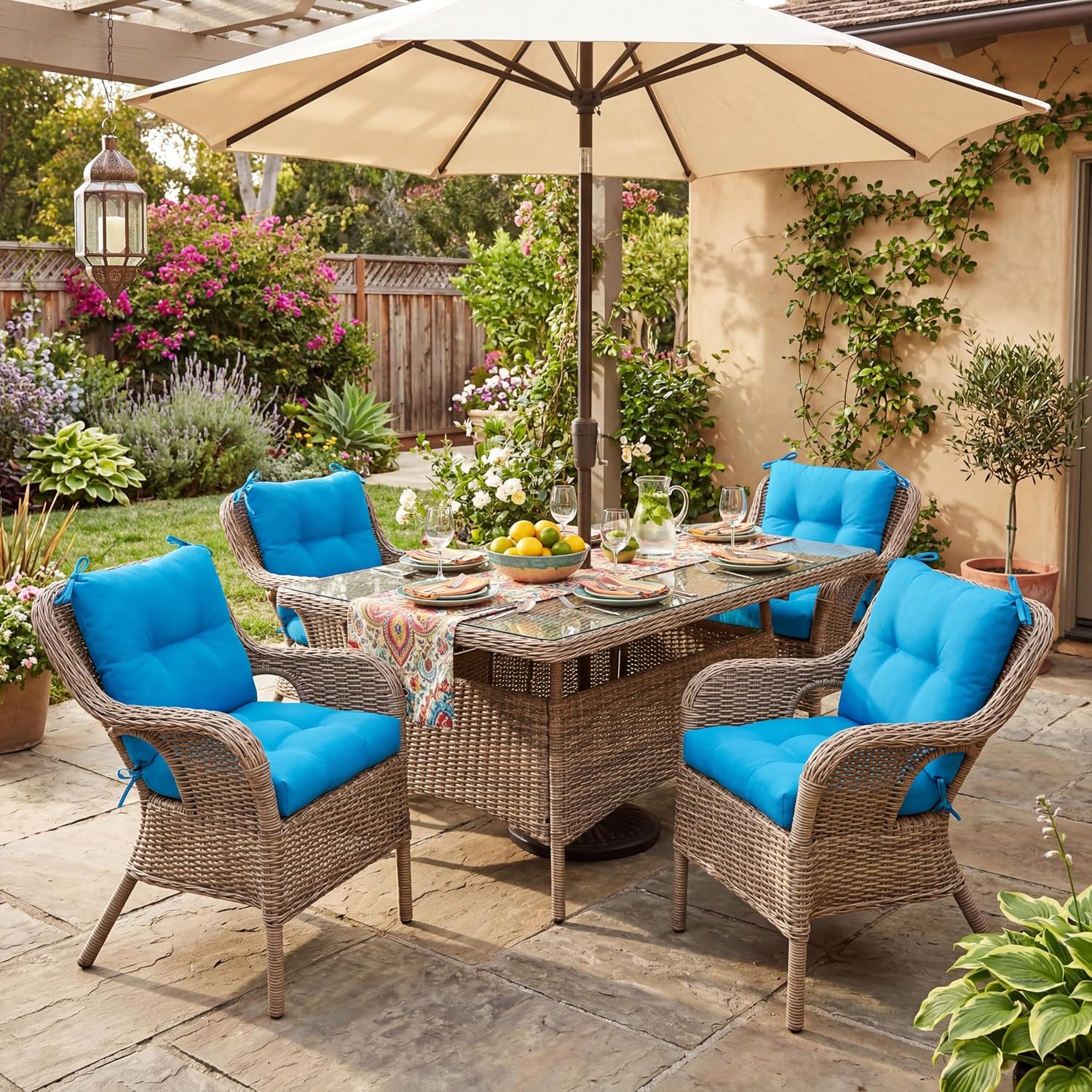 Geetery Outdoor Chair Cushions Set of 4 High Back Patio Furniture Replacement Seat Pads with Ties 42x21x4' for Lawn Porch Wicker Rocking Dining Chairs Weather Resistant Fade Resistant(Blue)