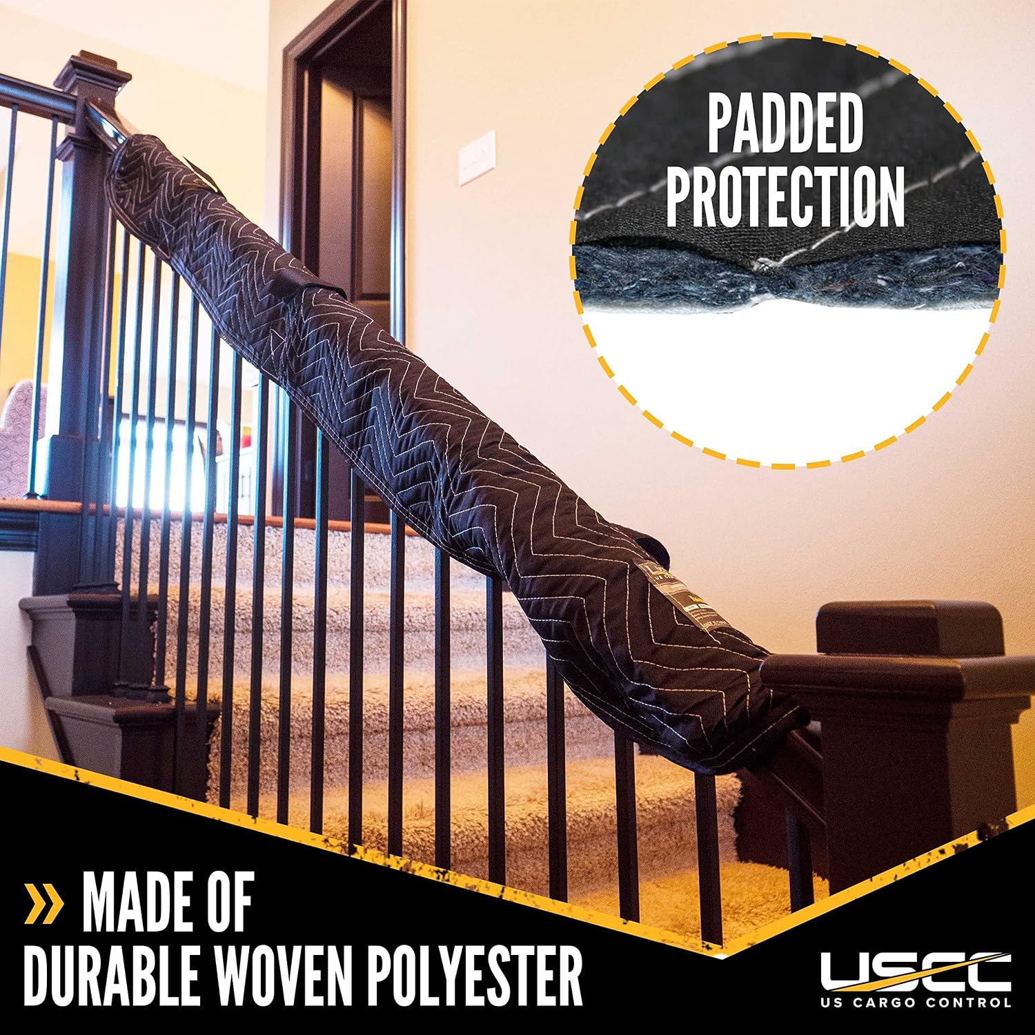 US Cargo Control Quilted Banister Covers 72' x 13' (12-Pack), Quilted Railing Cover with Hook and Loop Straps, Padded Cotton/Polyester Quilted Furniture Pad for Moving, Reusable Banister Wrap