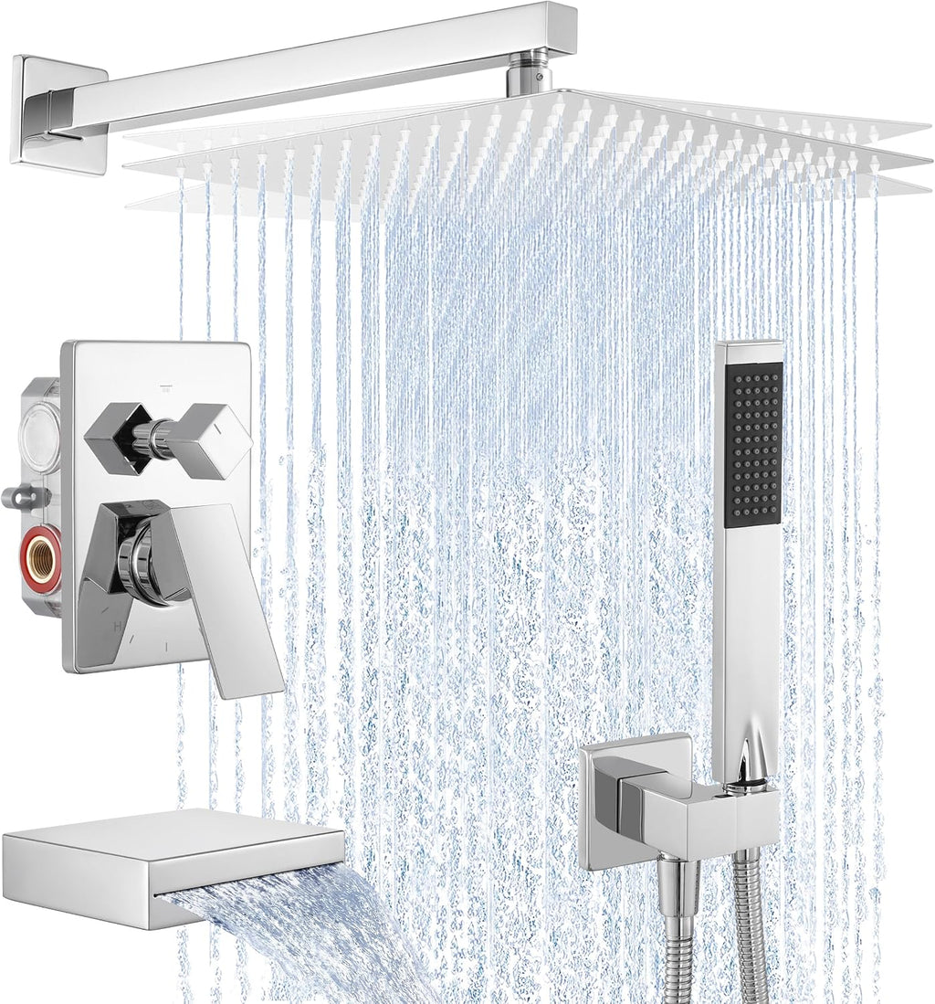 KES Shower Faucet Set, Rain Shower System, Bathtub Faucet, Tub and Shower Faucet Combo, 12 Inch Rain Shower Head System with Handheld and Waterfall Tub Spout, Polished Chrome, XB6305F18S12-CH