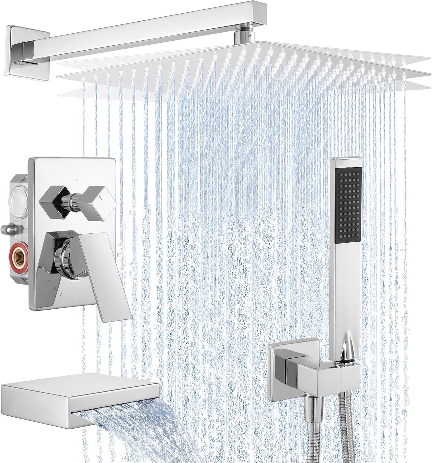 KES Shower Faucet Set, Rain Shower System, Bathtub Faucet, Tub and Shower Faucet Combo, 12 Inch Rain Shower Head System with Handheld and Waterfall Tub Spout, Polished Chrome, XB6305F18S12-CH