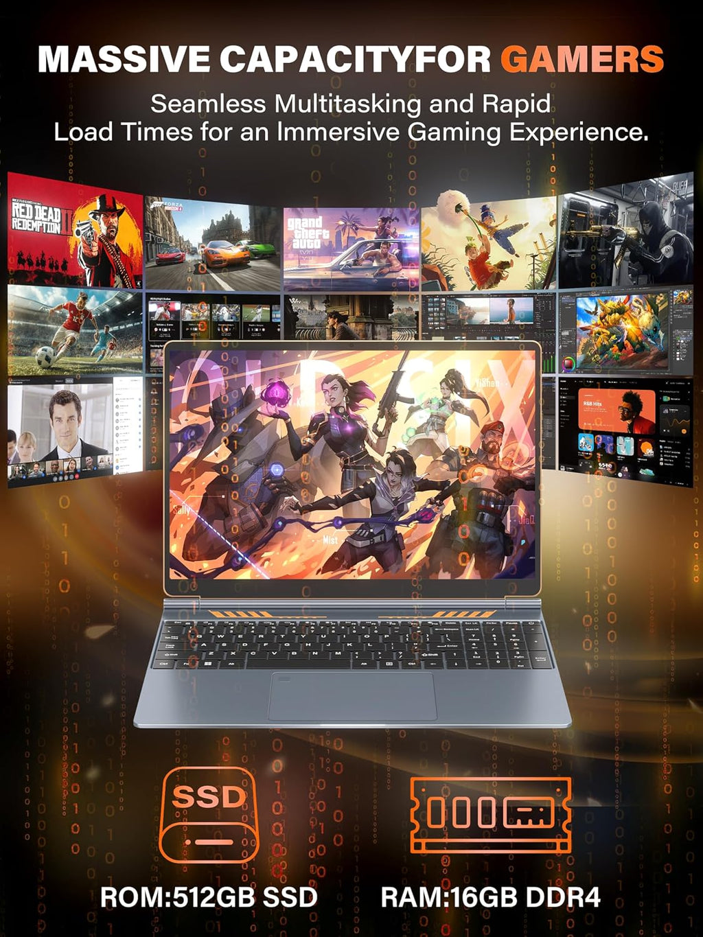 16 Inch Business Laptop Computer for Students & Professionals,4-Core Processor, 16:10 FHD IPS Display, 16GB RAM 512GB SSD, Backlit Keyboard, Fingerprint, Win 11 Pro, Gray with Orange Accents